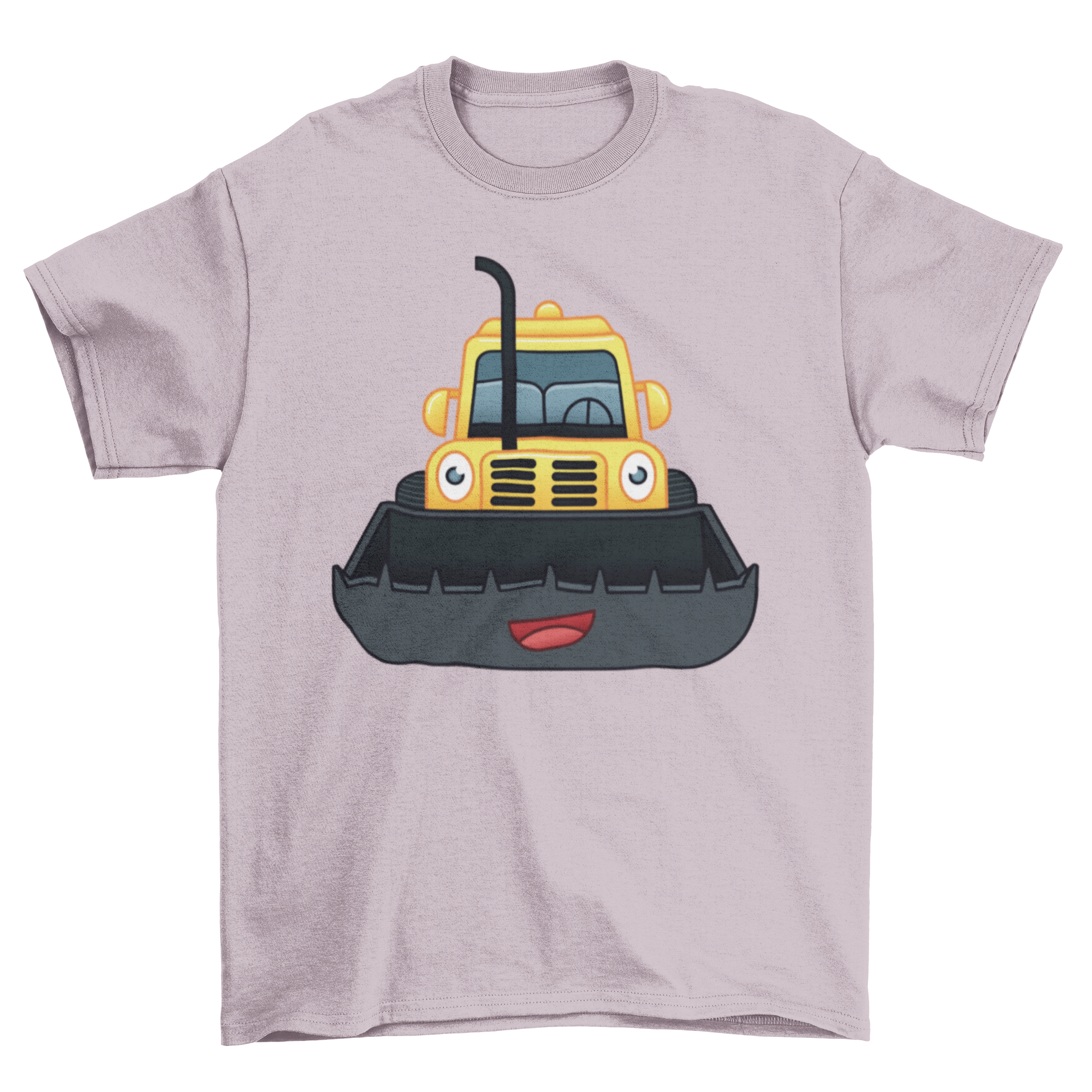 Happy Bulldozer T-shirt design featuring a cute cartoon bulldozer with a smiley face, perfect for casual wear.