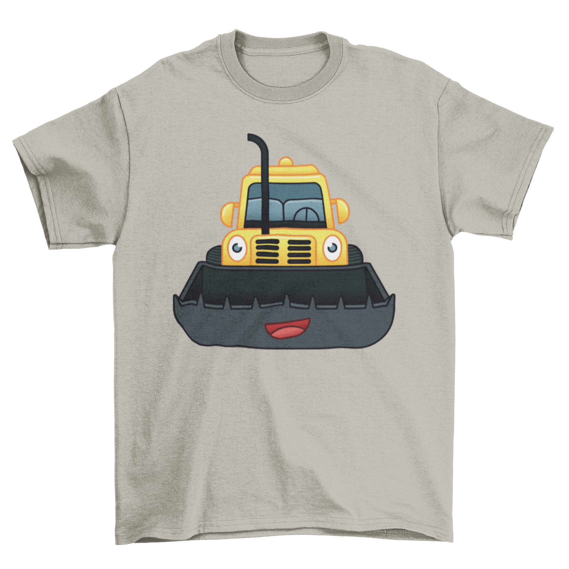 Happy Bulldozer T-shirt design featuring a cute cartoon bulldozer with a smiley face, perfect for casual wear.