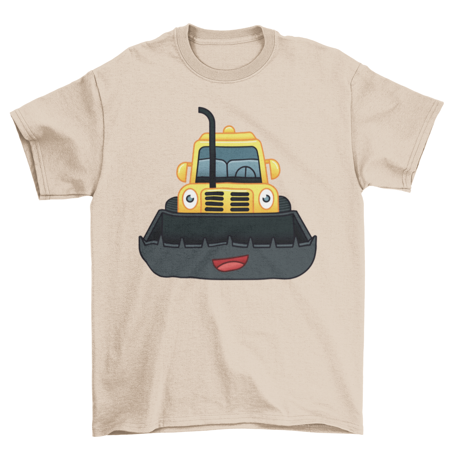 Happy Bulldozer T-shirt design featuring a cute cartoon bulldozer with a smiley face, perfect for casual wear.