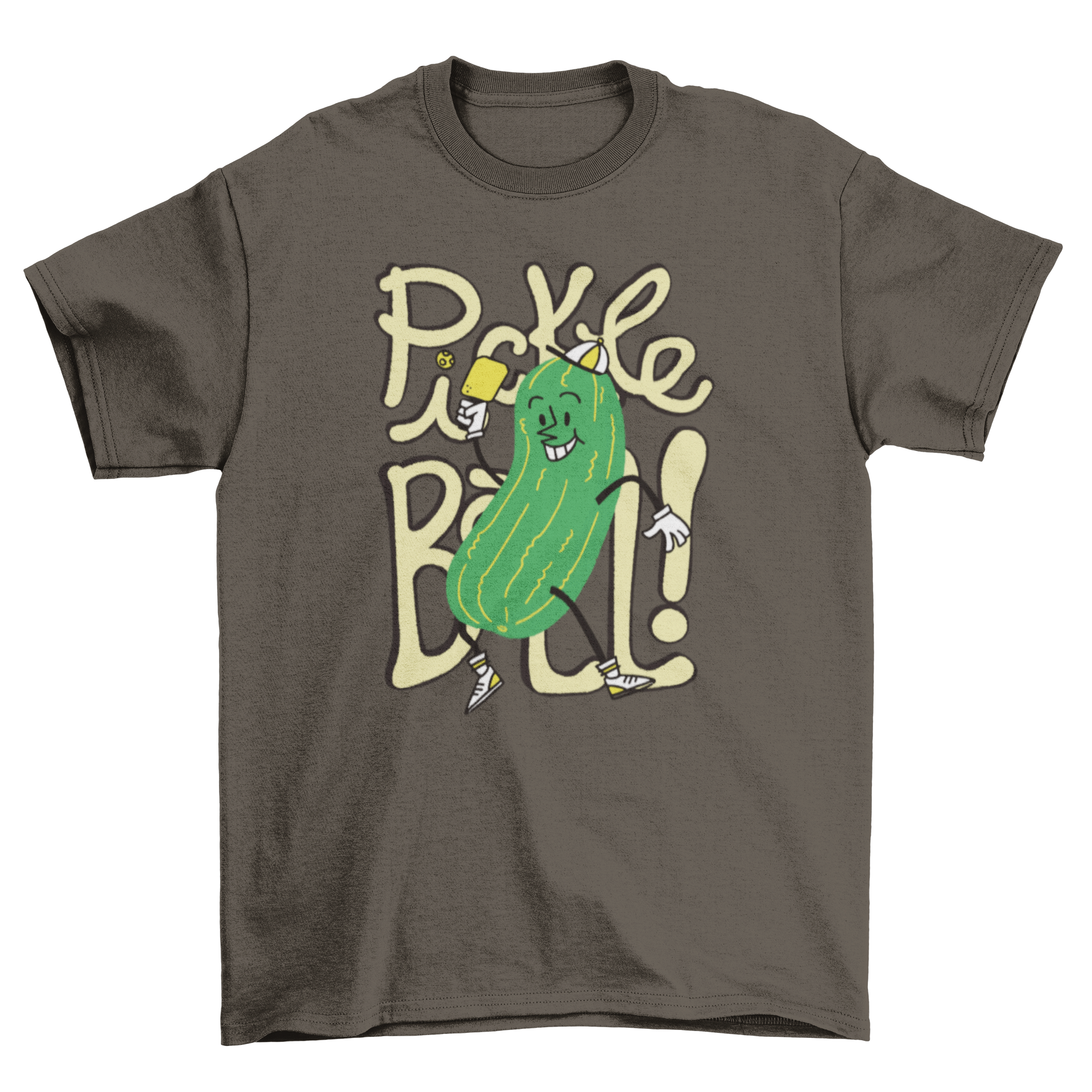 A playful cartoon cucumber character joyfully playing pickleball, featured on a vibrant t-shirt.
