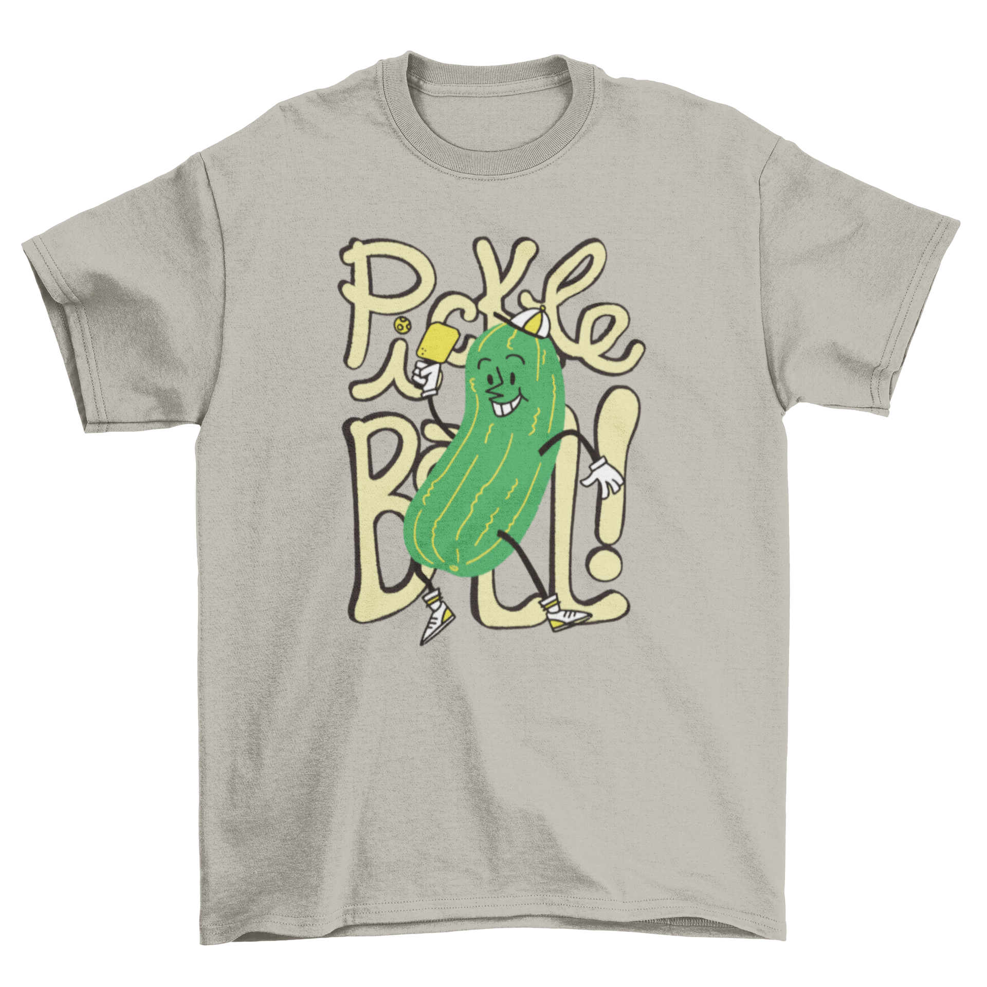 A playful cartoon cucumber character joyfully playing pickleball, featured on a vibrant t-shirt.