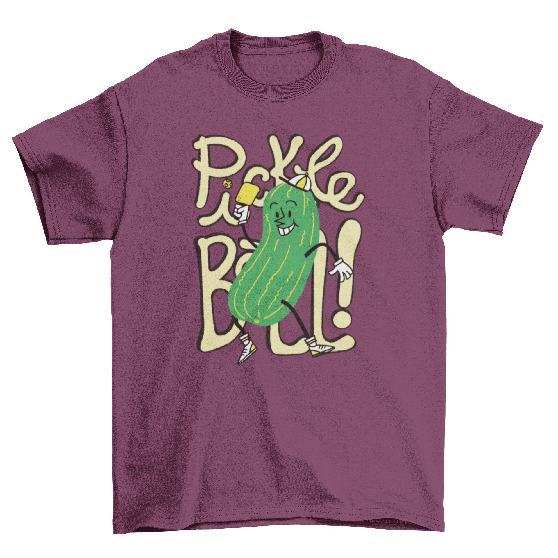 A playful cartoon cucumber character joyfully playing pickleball, featured on a vibrant t-shirt.