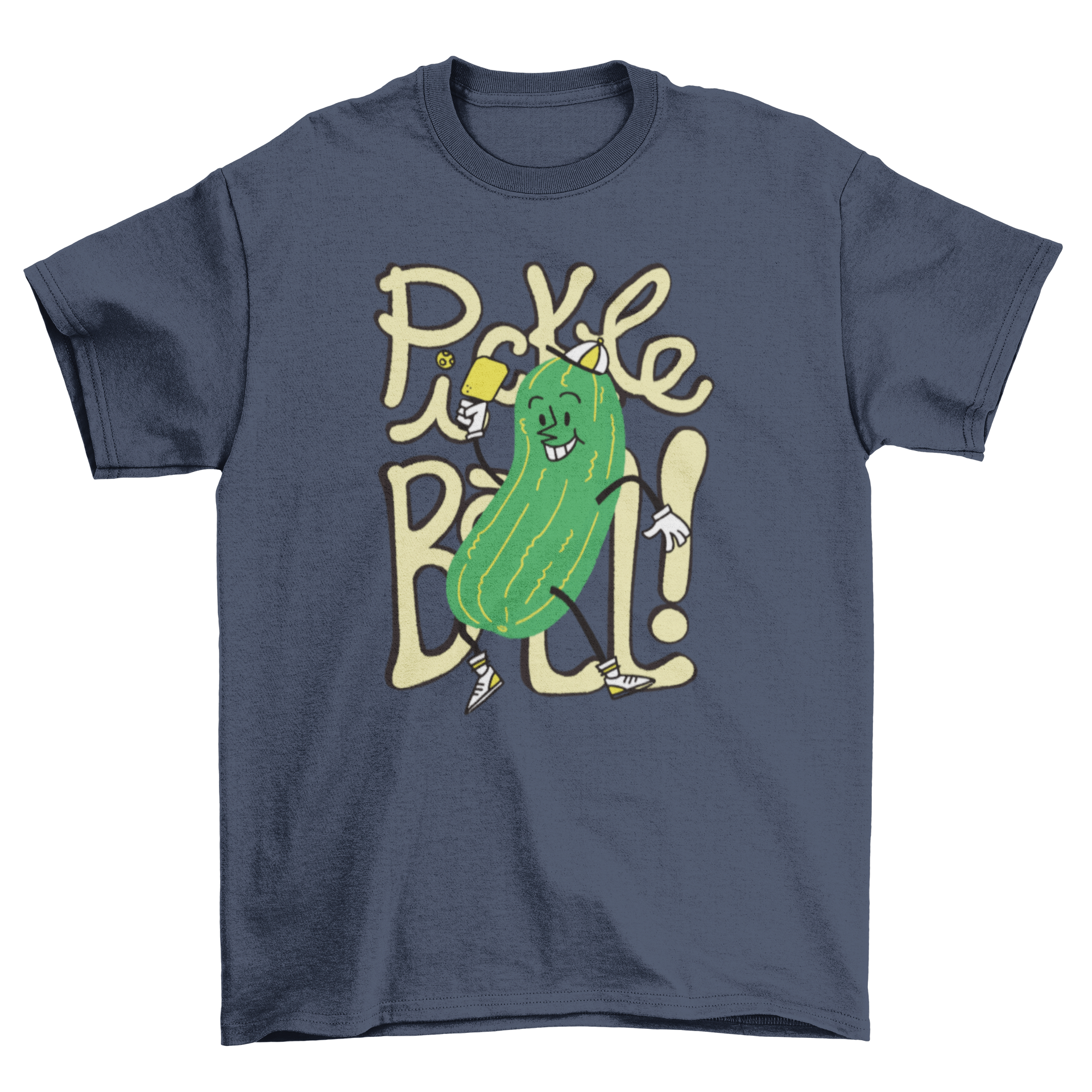 A playful cartoon cucumber character joyfully playing pickleball, featured on a vibrant t-shirt.