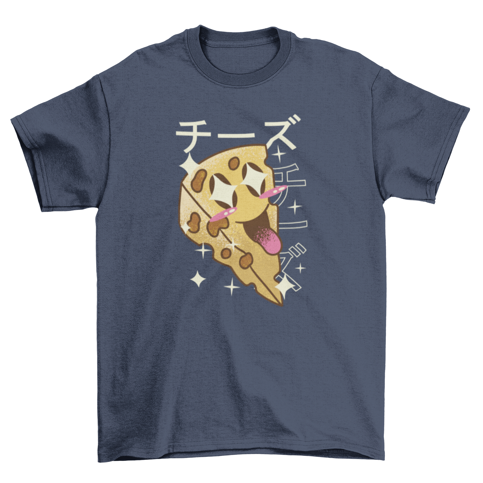 A cute t-shirt featuring a happy slice of cheese with a kawaii design, perfect for cheese lovers.