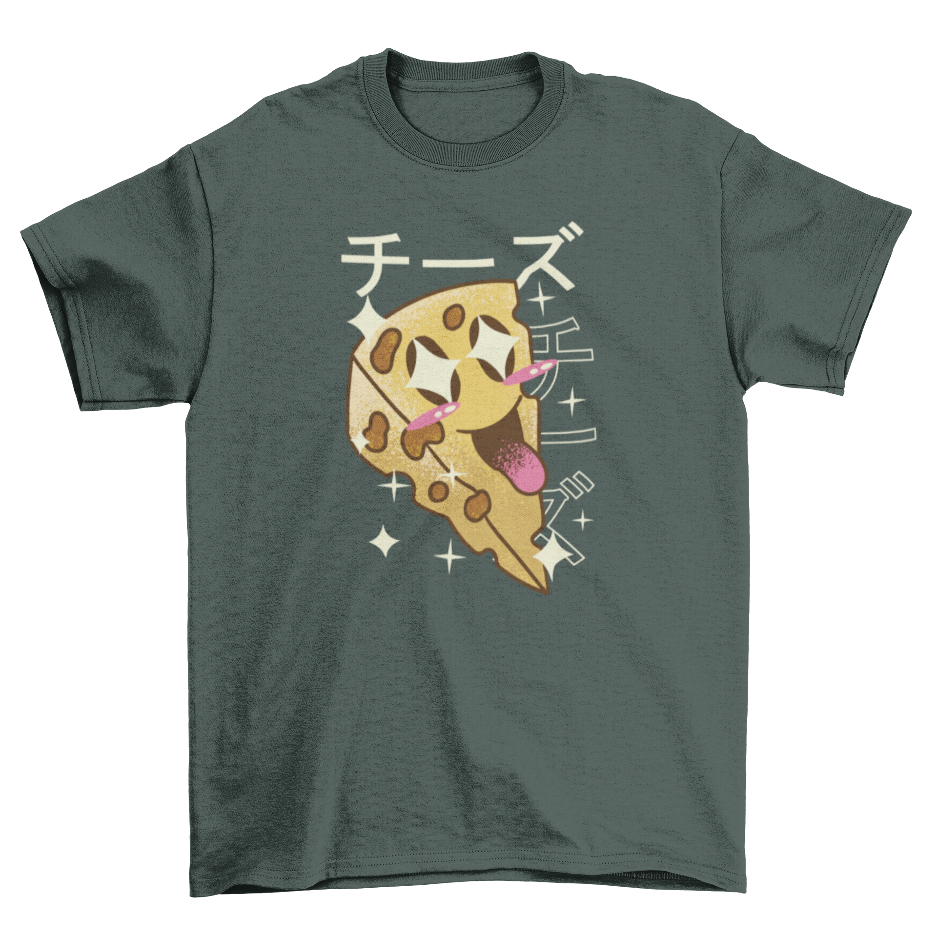 A cute t-shirt featuring a happy slice of cheese with a kawaii design, perfect for cheese lovers.