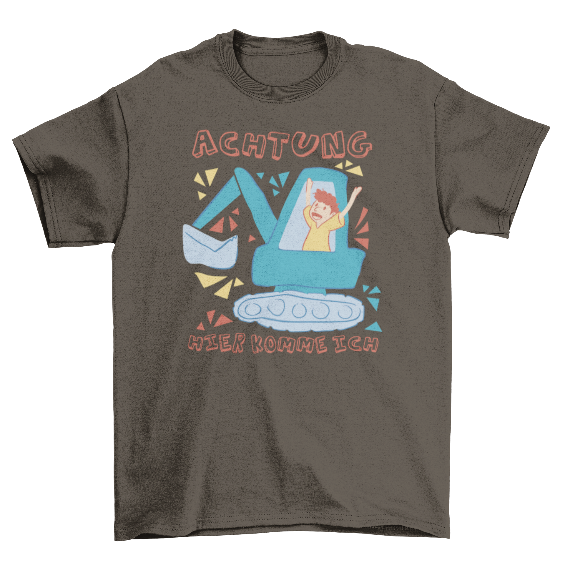 A cheerful child wearing a t-shirt with an excavator design and a German quote, embodying fun and adventure.
