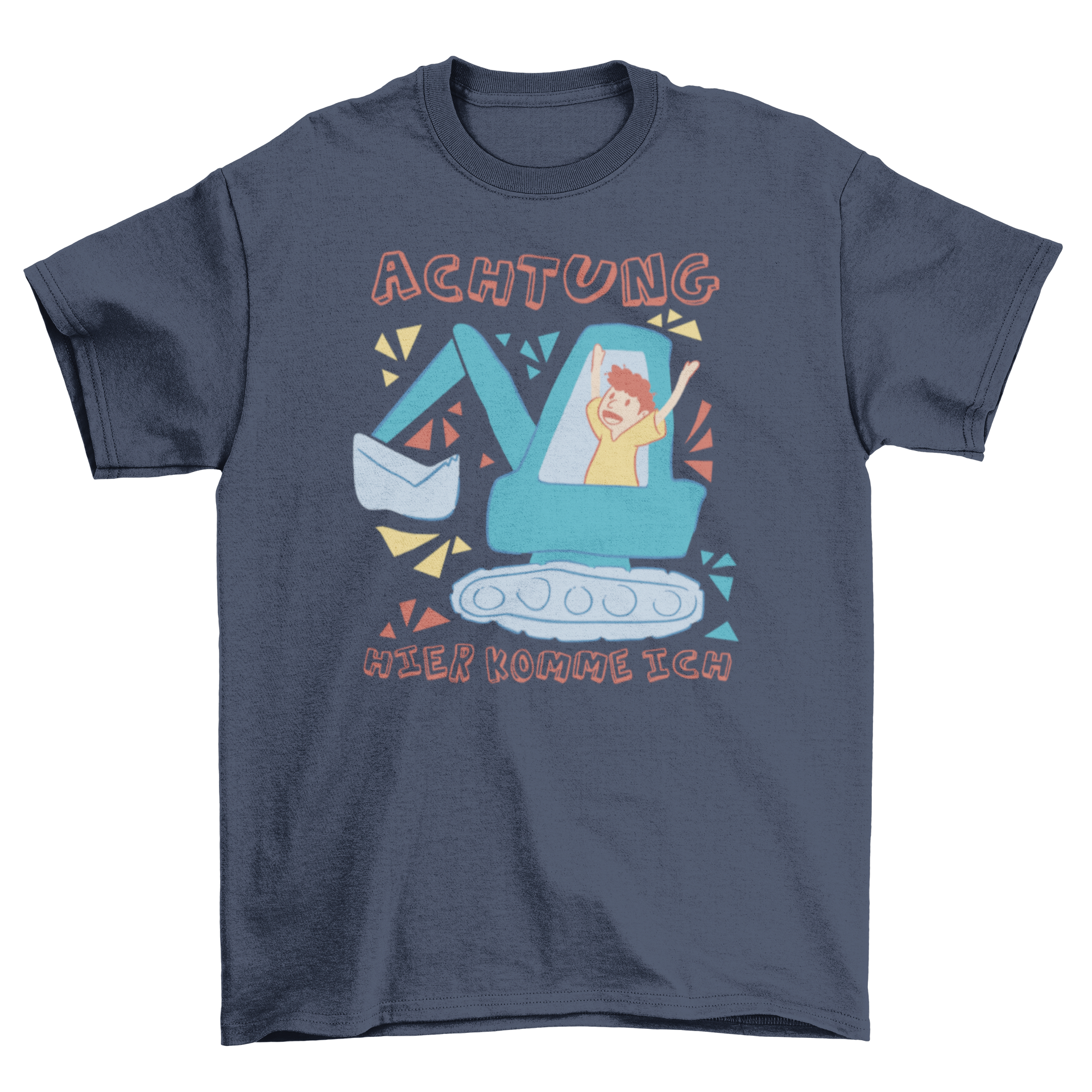A cheerful child wearing a t-shirt with an excavator design and a German quote, embodying fun and adventure.