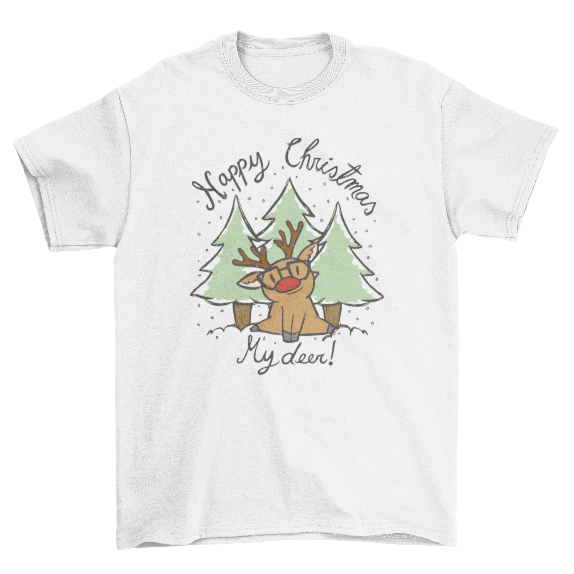 Happy Christmas deer quote t-shirt design featuring a deer with a red nose and glasses, showcasing a festive holiday theme.