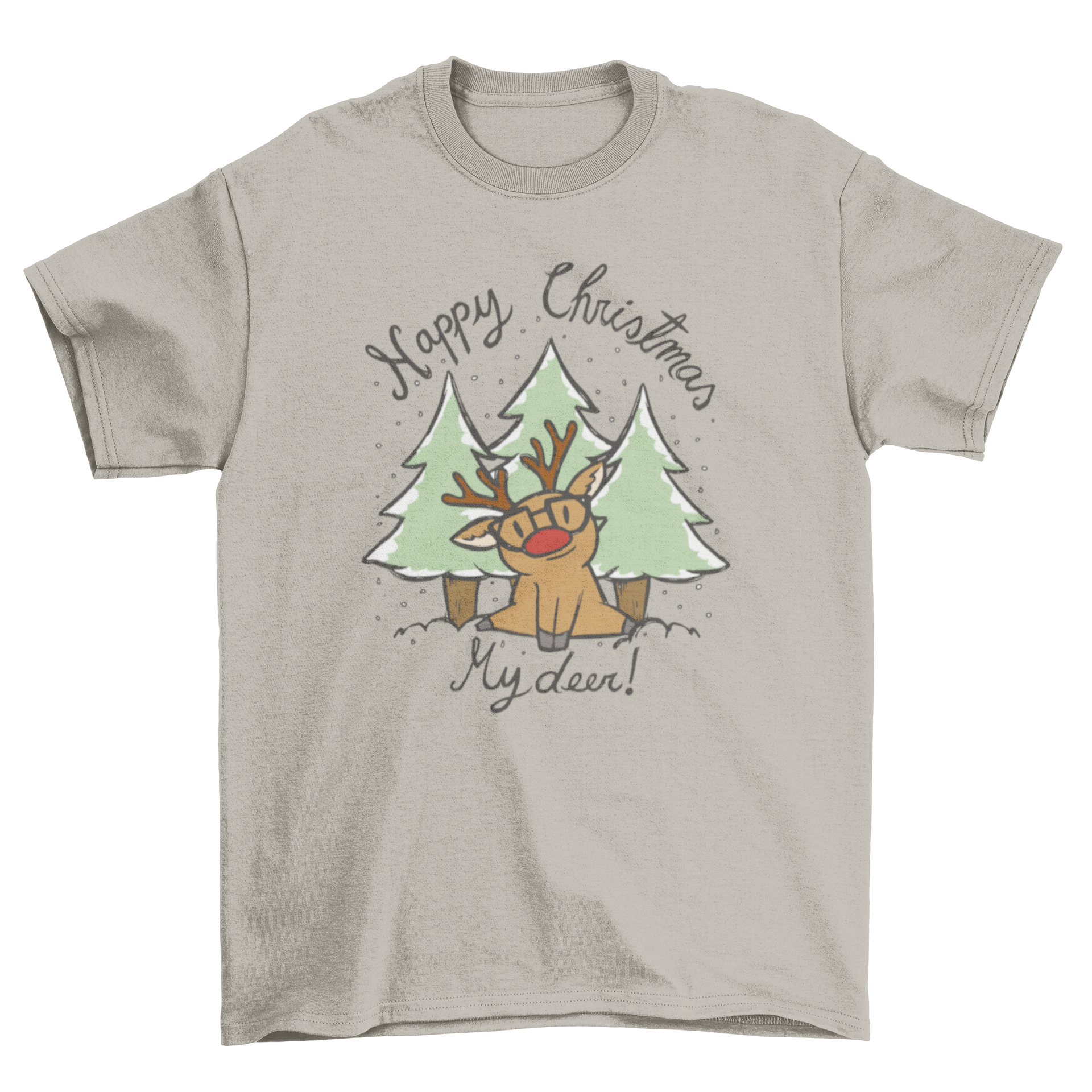 Happy Christmas deer quote t-shirt design featuring a deer with a red nose and glasses, showcasing a festive holiday theme.