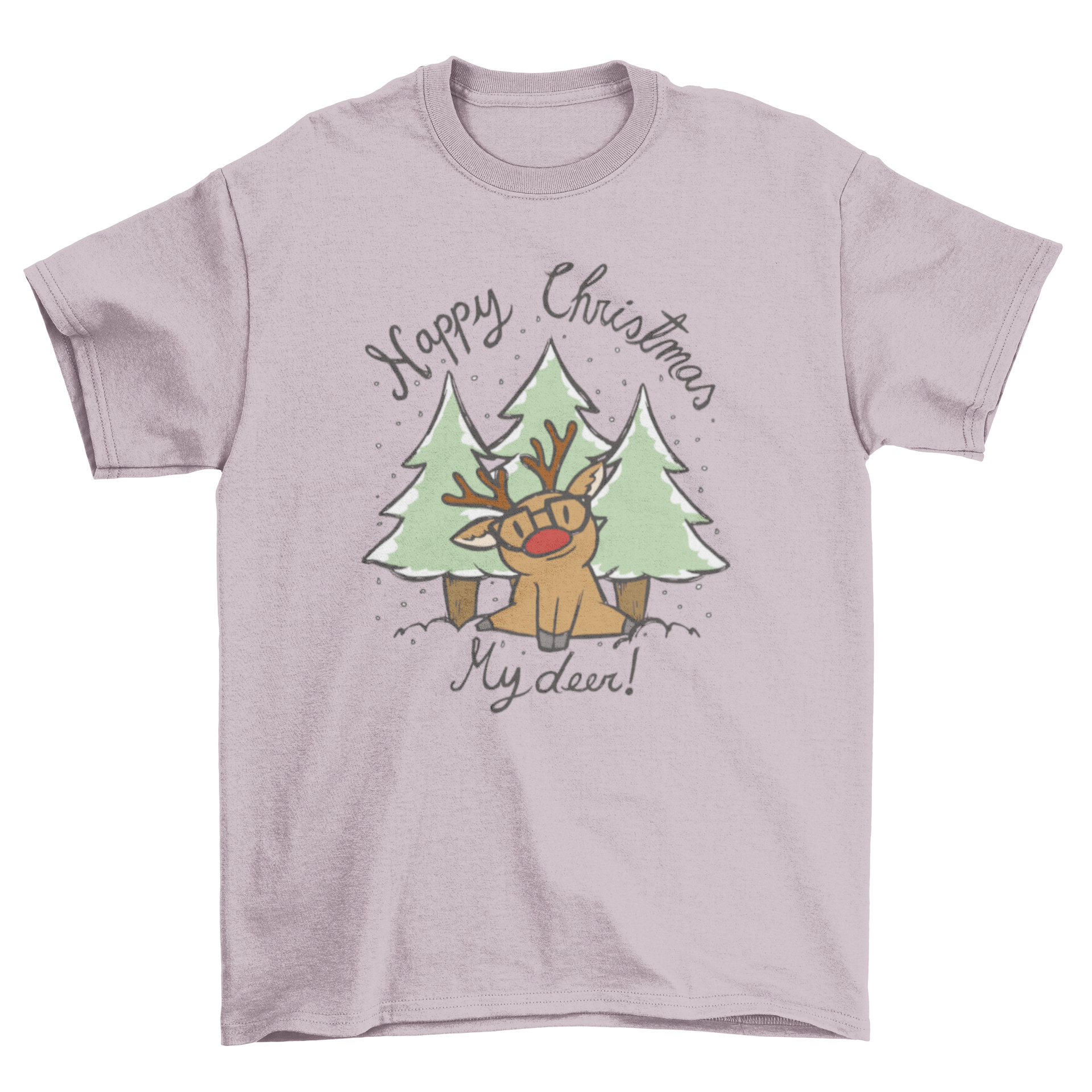 Happy Christmas deer quote t-shirt design featuring a deer with a red nose and glasses, showcasing a festive holiday theme.