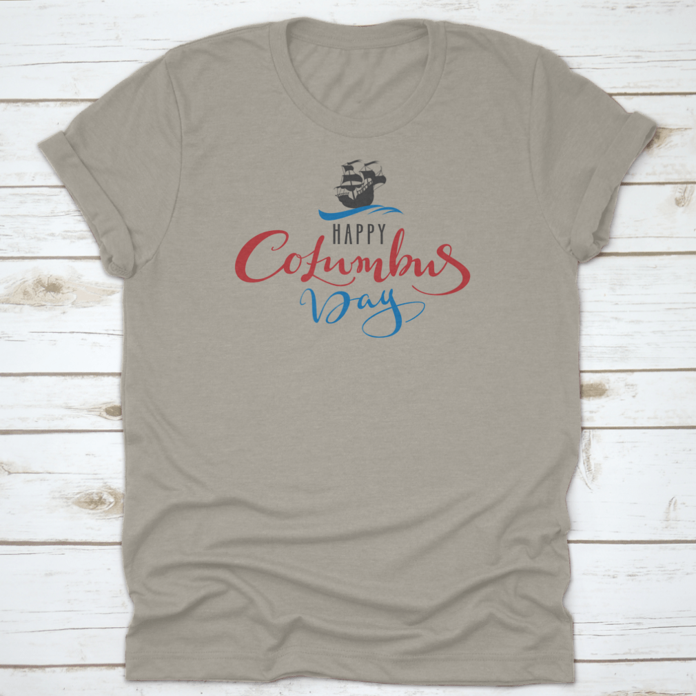 Happy Columbus Day greeting card featuring a sailboat caravel design with elegant lettering.