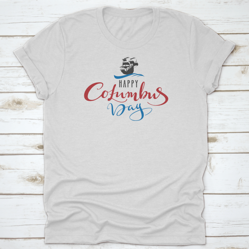 Happy Columbus Day greeting card featuring a sailboat caravel design with elegant lettering.