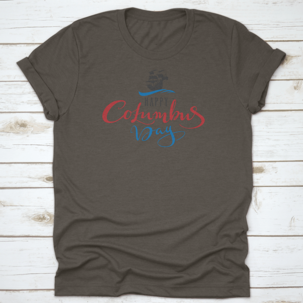 Happy Columbus Day greeting card featuring a sailboat caravel design with elegant lettering.
