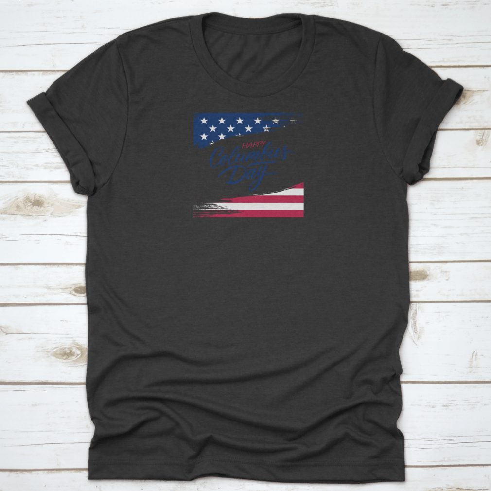 Happy Columbus Day postcard featuring vibrant USA flag typography design, perfect for holiday greetings.