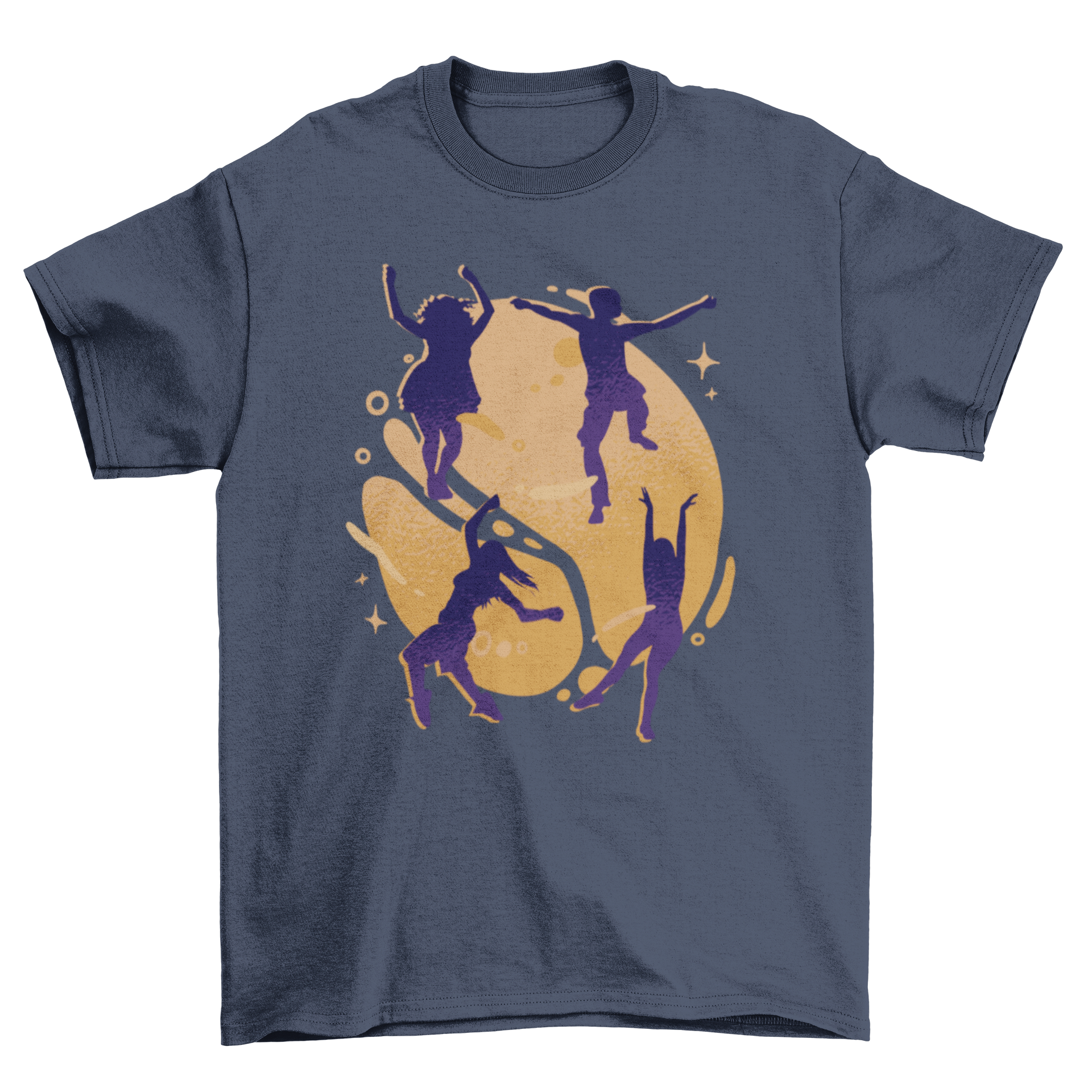 A vibrant t-shirt featuring silhouettes of happy dancing people in various poses, showcasing a fun and lively design.