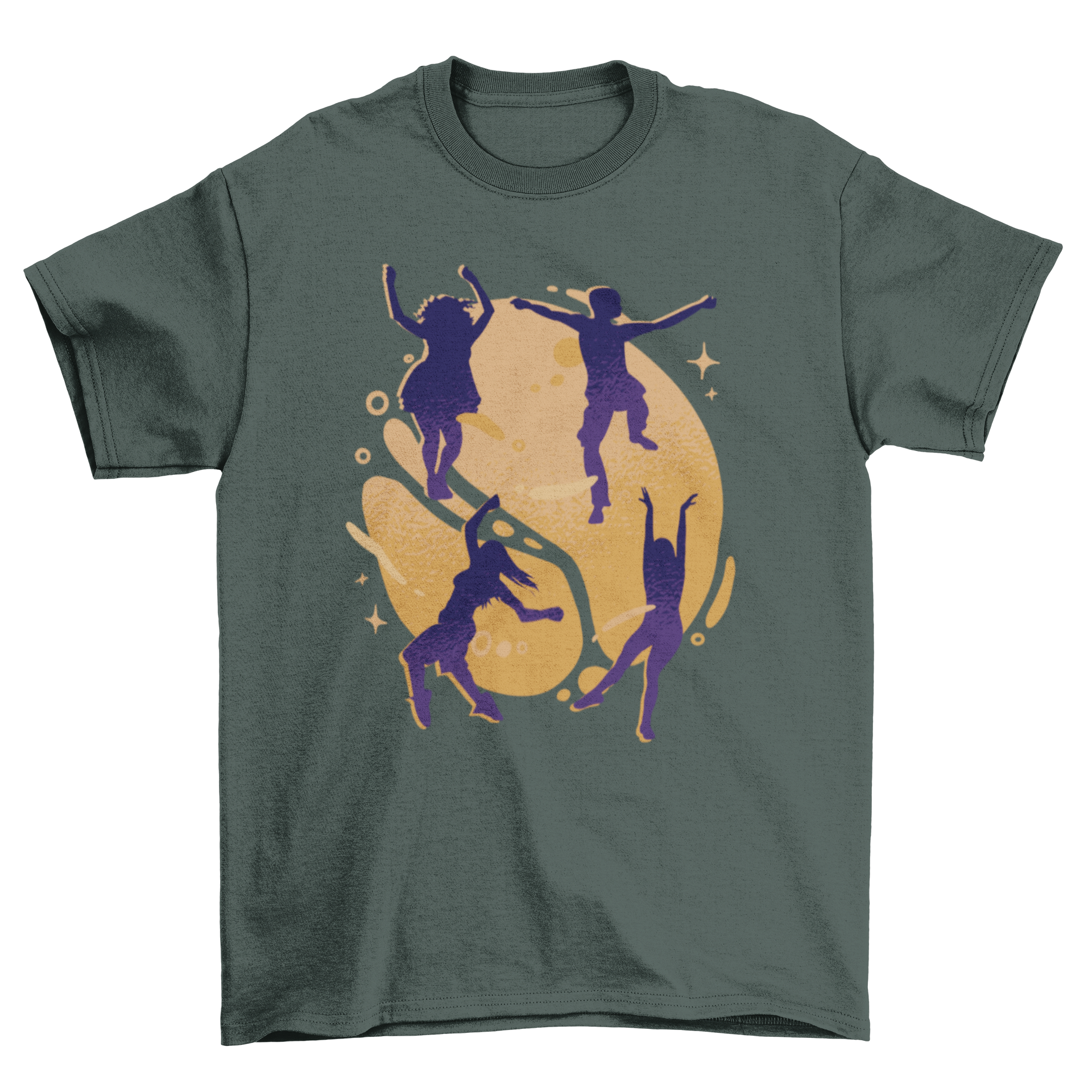 A vibrant t-shirt featuring silhouettes of happy dancing people in various poses, showcasing a fun and lively design.