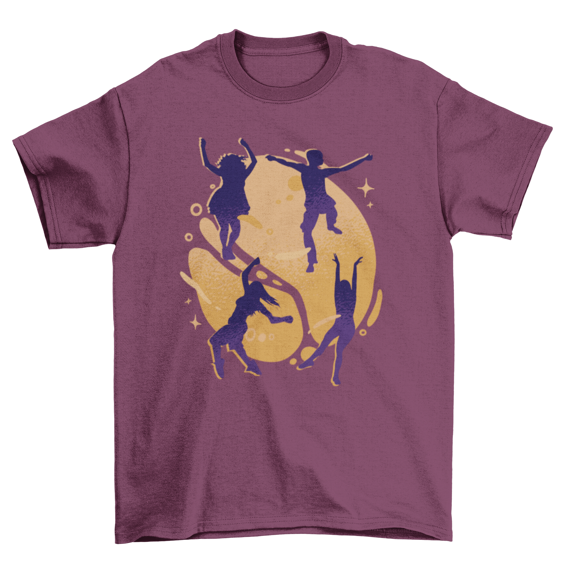 A vibrant t-shirt featuring silhouettes of happy dancing people in various poses, showcasing a fun and lively design.