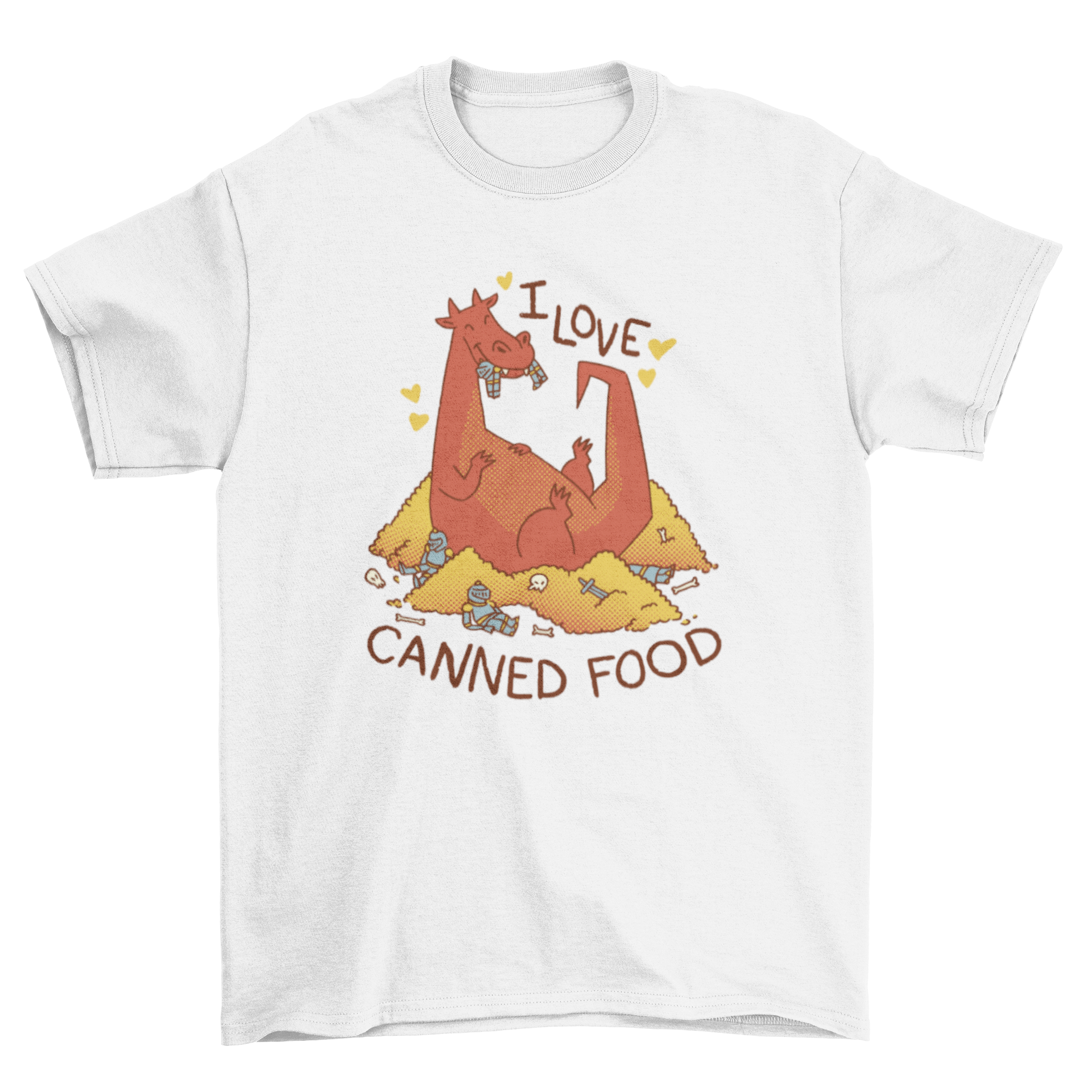 A humorous t-shirt featuring a cartoon dragon sitting on a pile of gold, eating knights, with the quote 'I love canned food'.