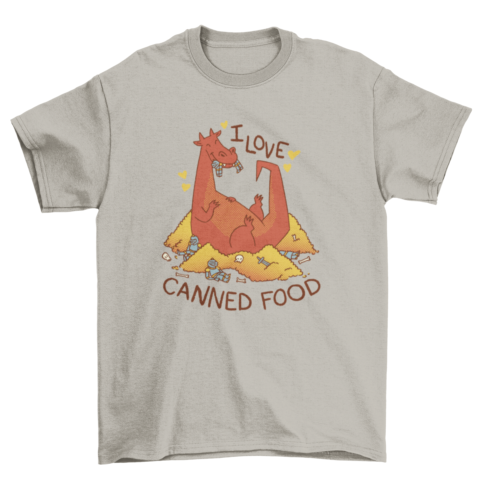A humorous t-shirt featuring a cartoon dragon sitting on a pile of gold, eating knights, with the quote 'I love canned food'.