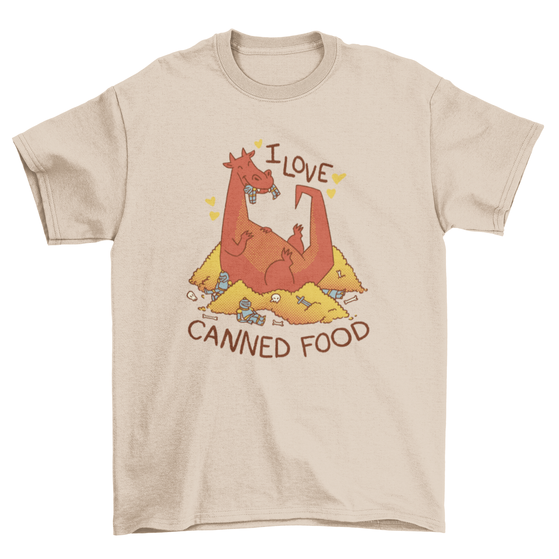 A humorous t-shirt featuring a cartoon dragon sitting on a pile of gold, eating knights, with the quote 'I love canned food'.