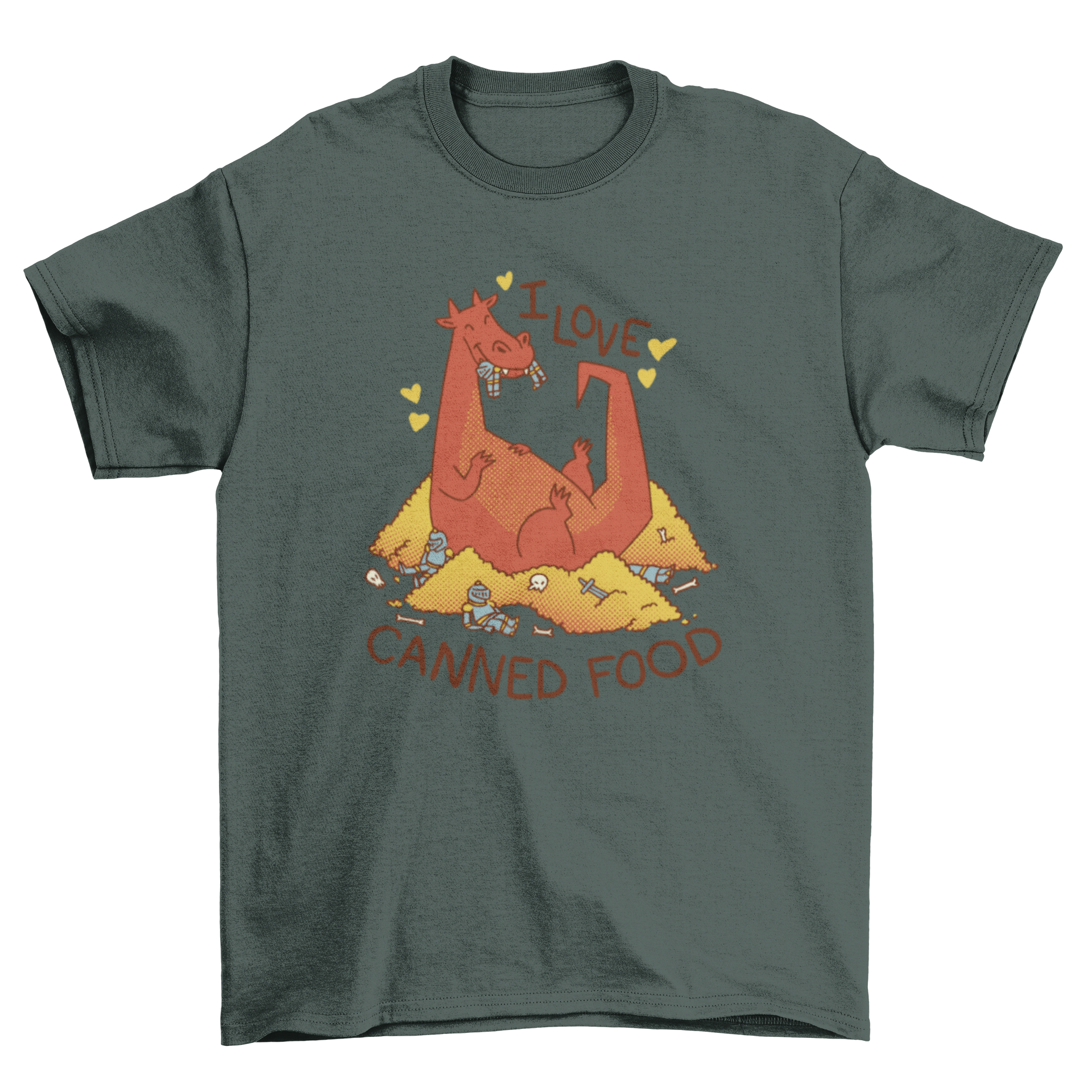 A humorous t-shirt featuring a cartoon dragon sitting on a pile of gold, eating knights, with the quote 'I love canned food'.
