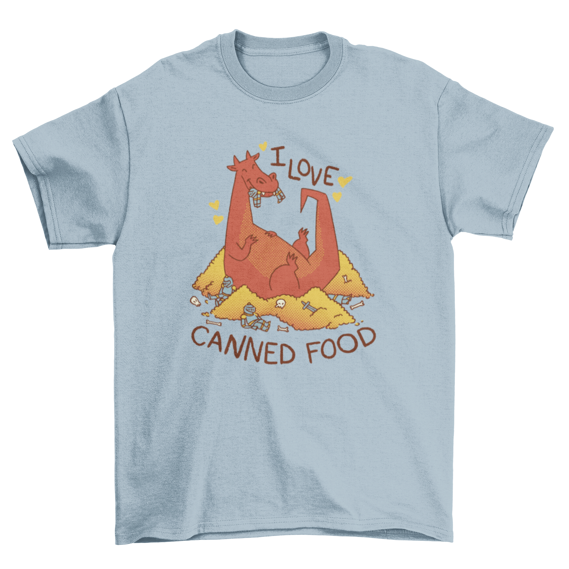 A humorous t-shirt featuring a cartoon dragon sitting on a pile of gold, eating knights, with the quote 'I love canned food'.
