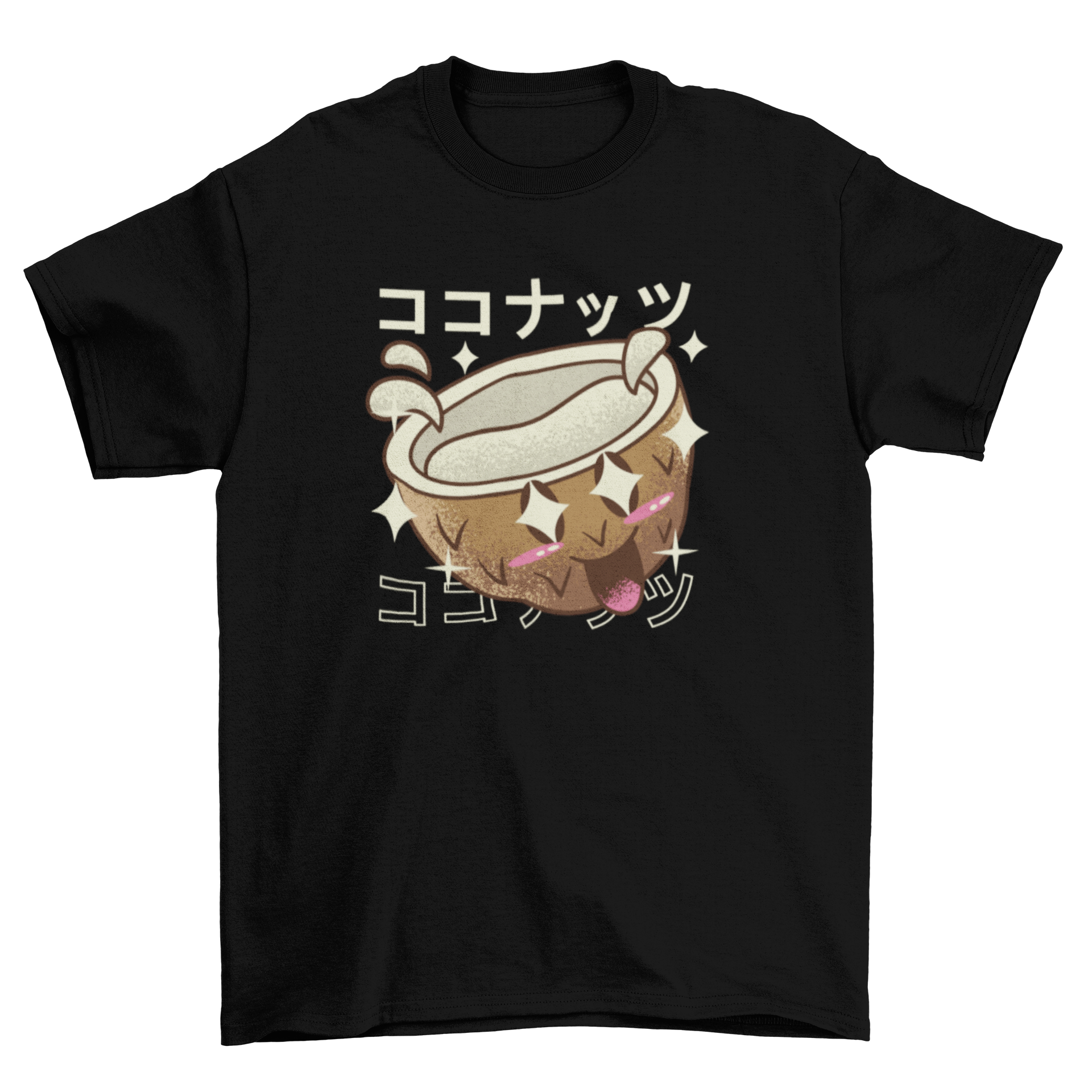 A playful t-shirt featuring a happy coconut character with an excited expression and Japanese text, perfect for casual wear.