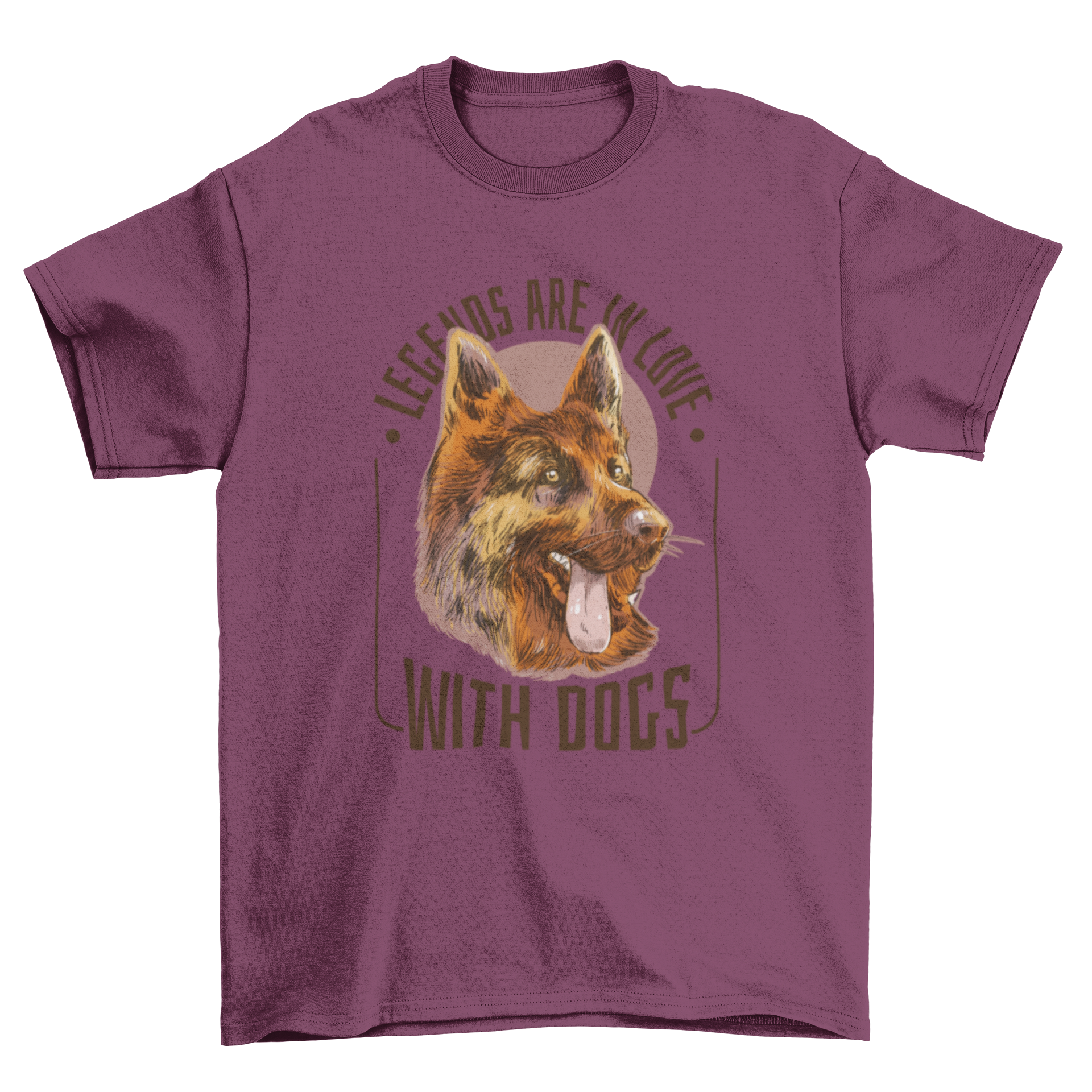 Happy German Shepherd dog t-shirt design featuring a charming illustration and the quote 'Legends are in love with dogs'.