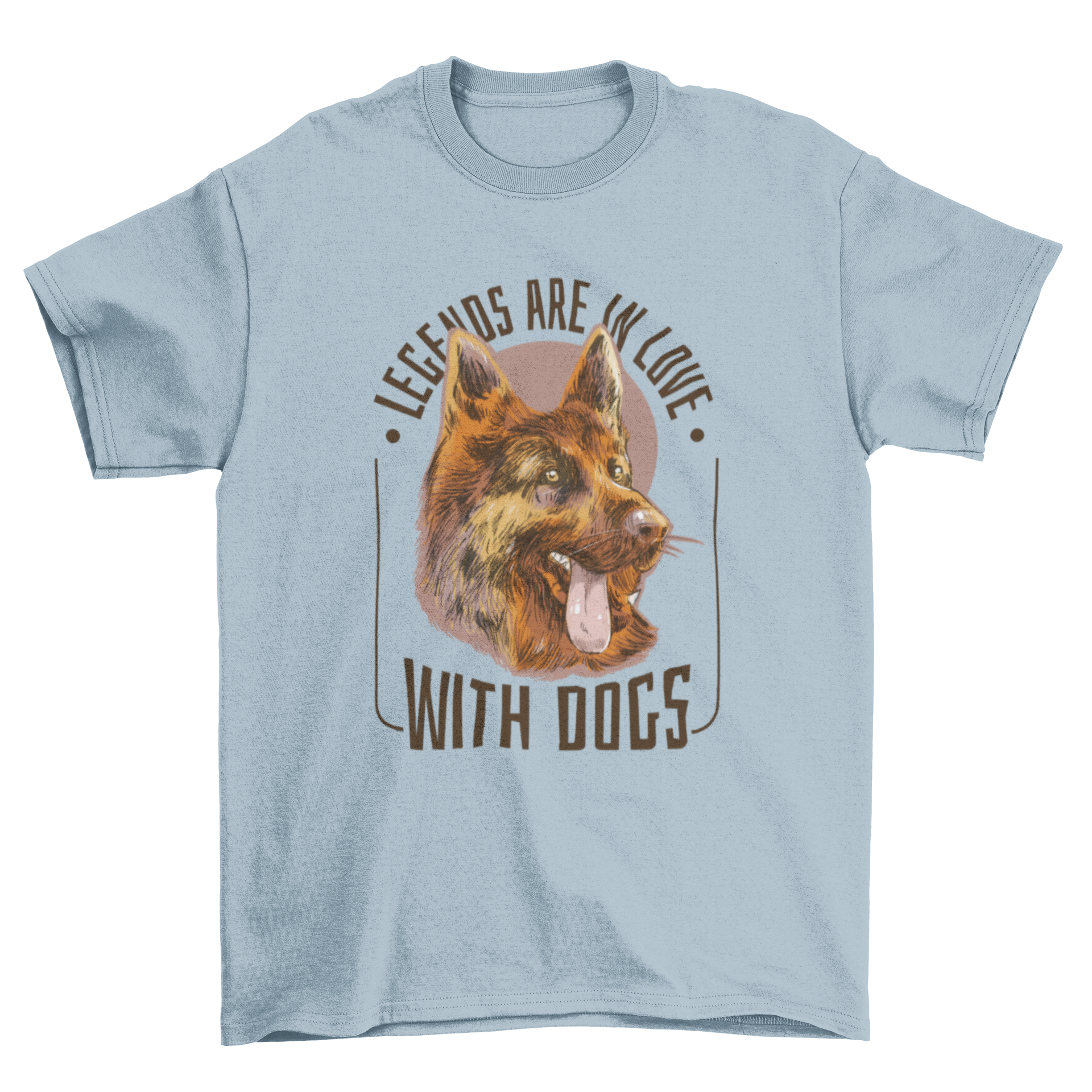Happy German Shepherd dog t-shirt design featuring a charming illustration and the quote 'Legends are in love with dogs'.