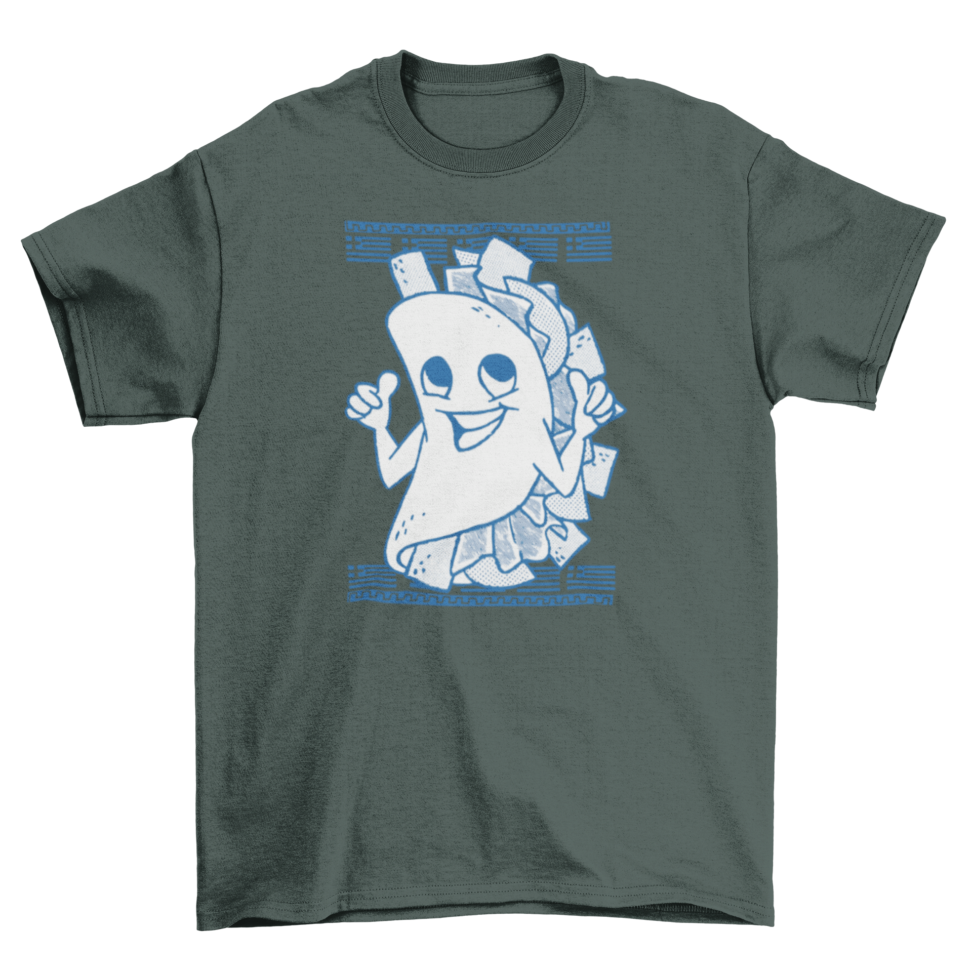 A fun t-shirt design featuring a happy kebab with a smiling face, perfect for food enthusiasts.