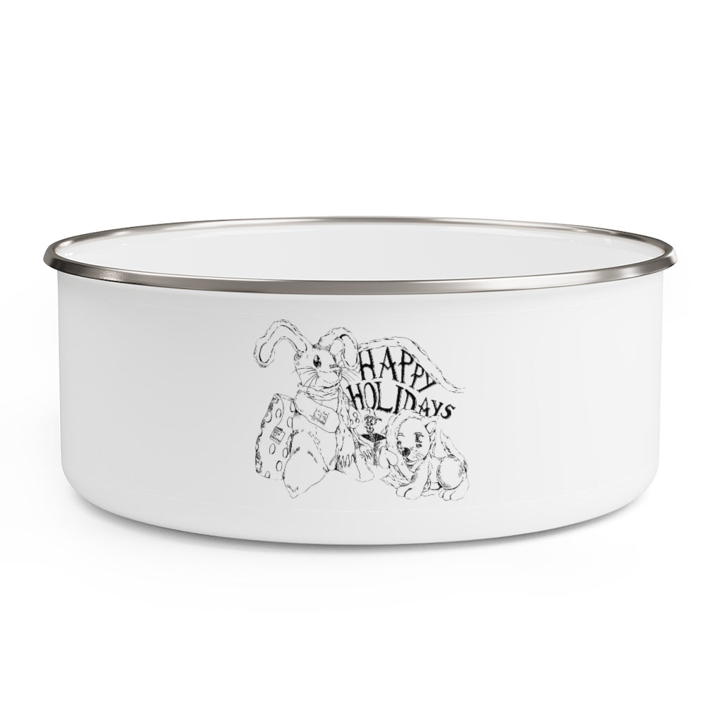Happy Holiday's Enamel Bowl made of stainless steel with a translucent lid, featuring a stylish design and anti-slip backing.