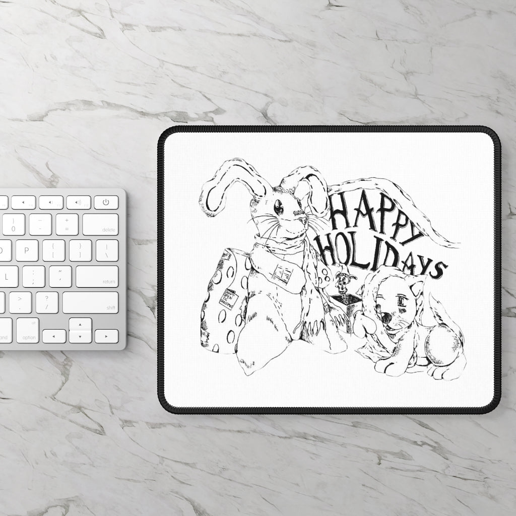 Happy Holiday's Gaming Mouse Pad featuring vibrant designs and stitched edges, measuring 9x7 inches.