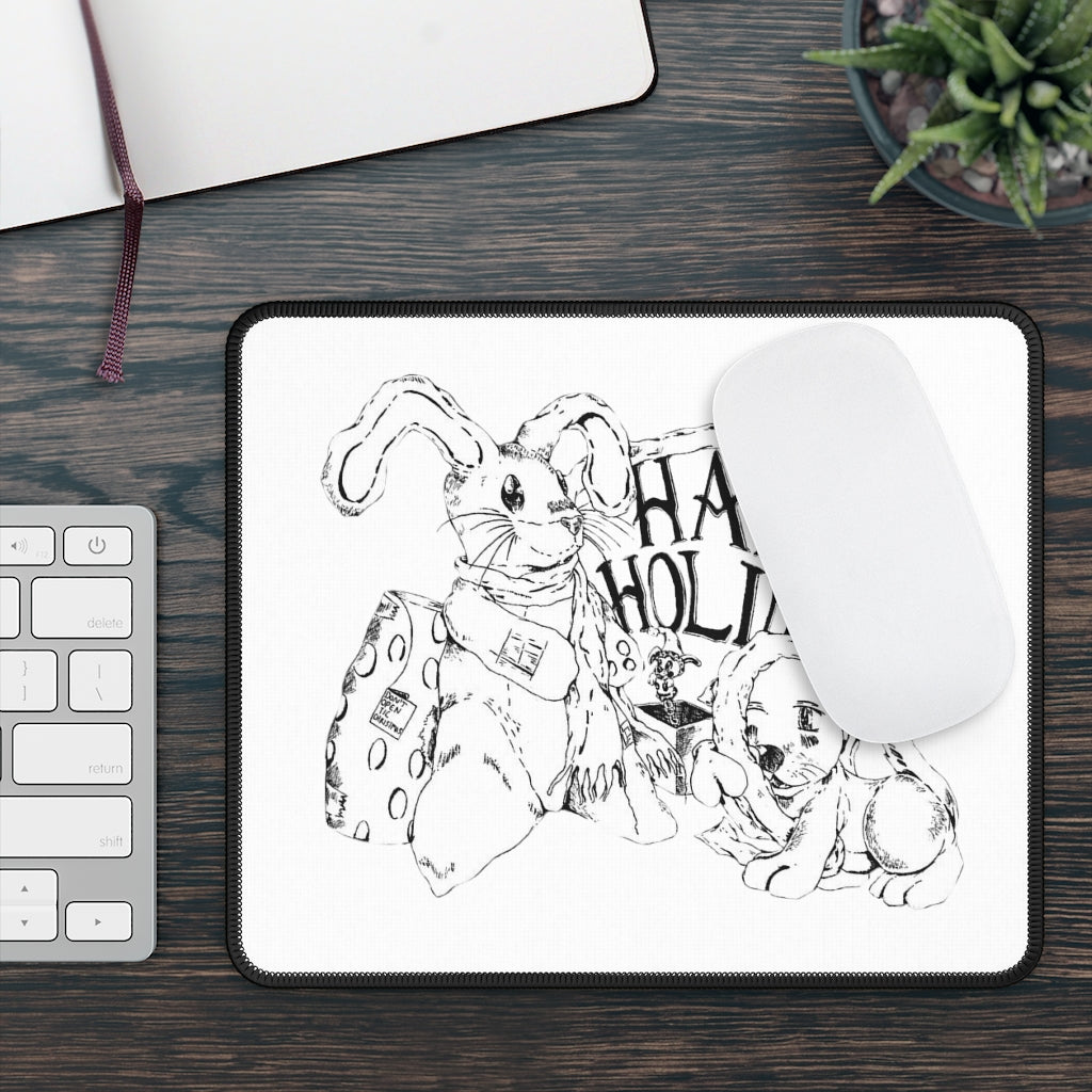 Happy Holiday's Gaming Mouse Pad featuring vibrant designs and stitched edges, measuring 9x7 inches.