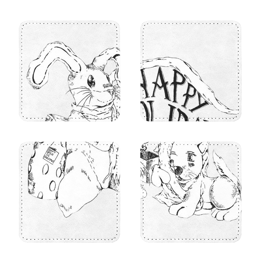 Pack of four Happy Holiday's Sublimation Coasters made from PU leather, featuring a white printable face and white stitching, available in square and round shapes.