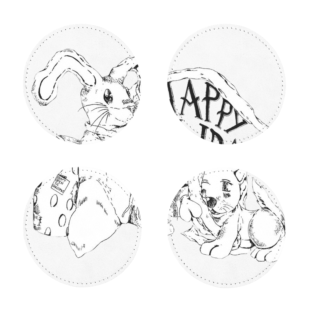 Pack of four Happy Holiday's Sublimation Coasters made from PU leather, featuring a white printable face and white stitching, available in square and round shapes.