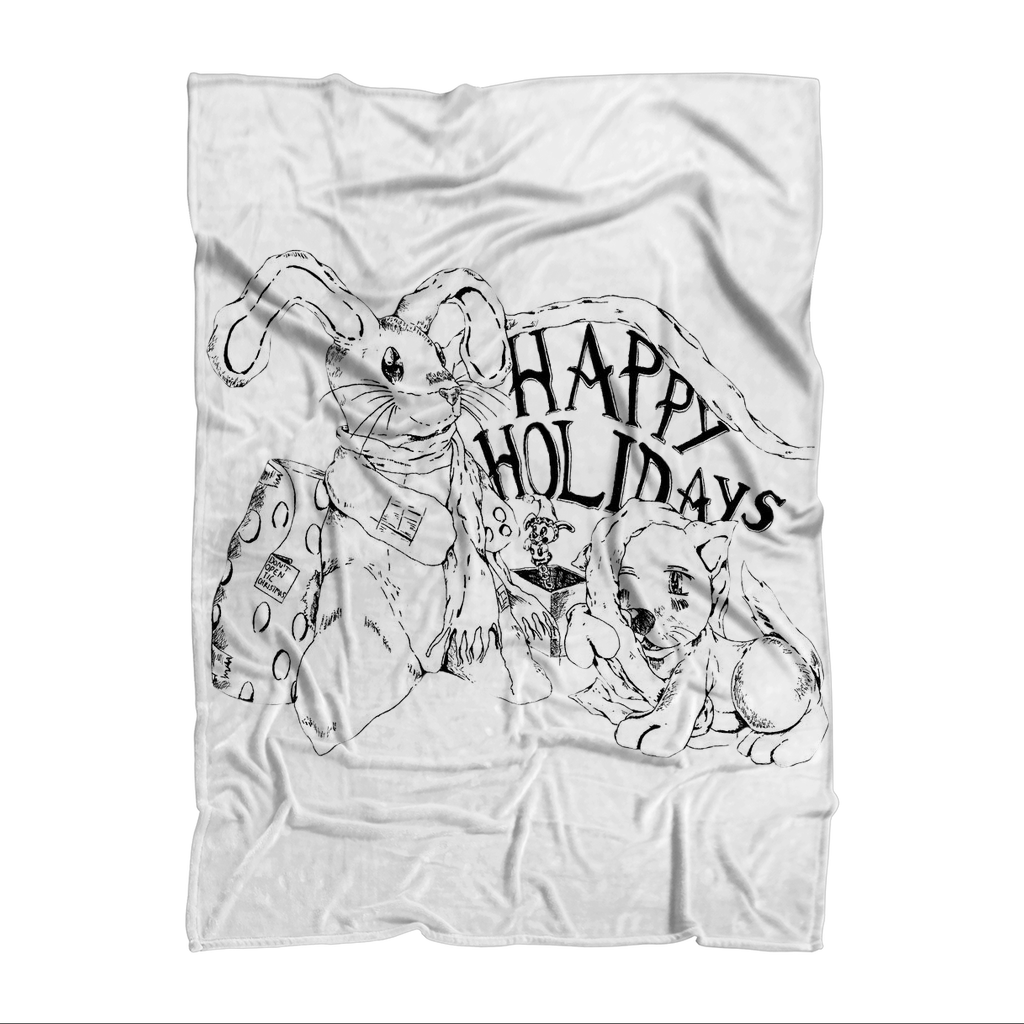 Happy Holiday's Sublimation Throw Blanket made of soft polar fleece, featuring a festive design and white backing, perfect for cozying up.