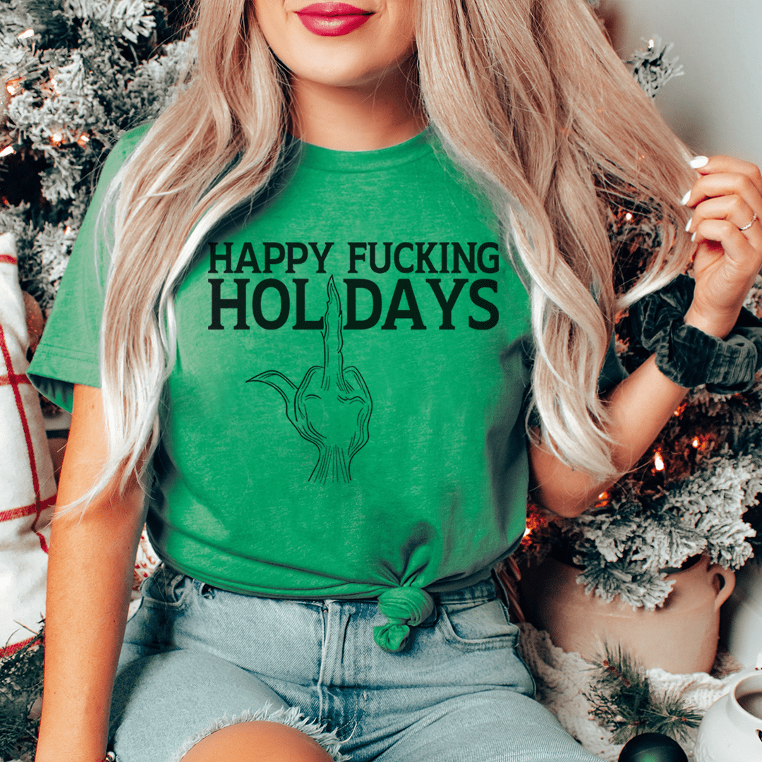 A festive Happy Holidays Tee made from 100% soft cotton, featuring a vibrant Christmas-themed design, perfect for holiday celebrations.