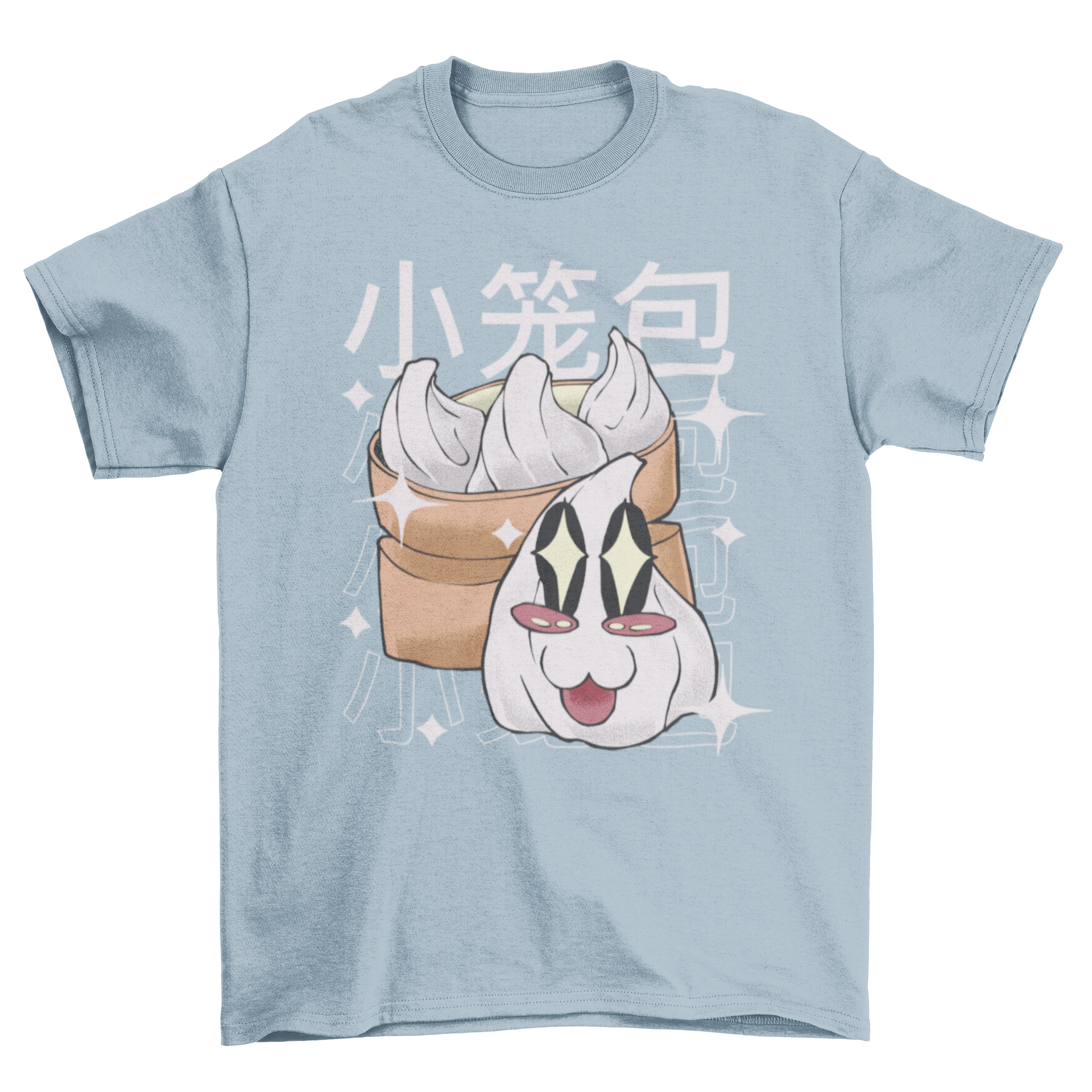 A cute Kawaii t-shirt featuring dumplings with happy faces and a Japanese quote meaning 'dumpling'.