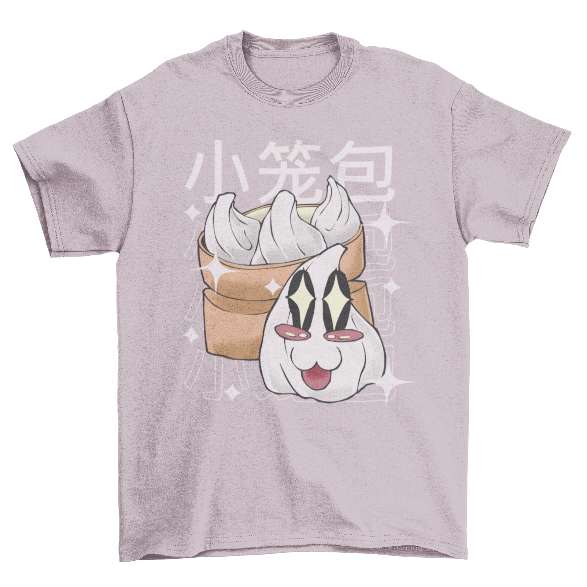 A cute Kawaii t-shirt featuring dumplings with happy faces and a Japanese quote meaning 'dumpling'.