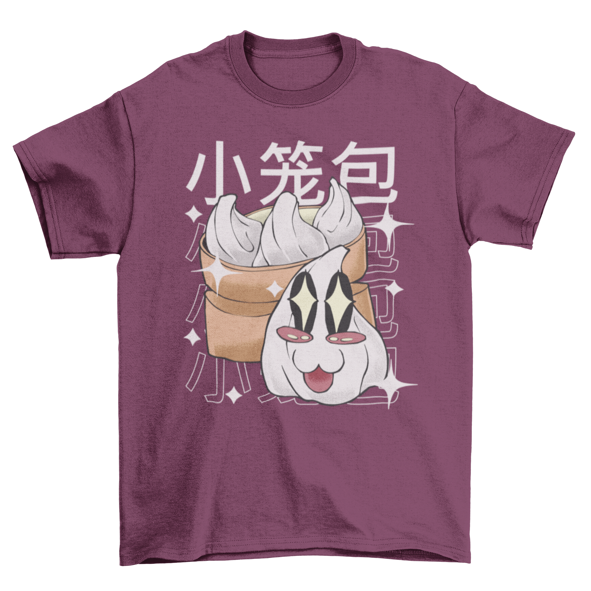 A cute Kawaii t-shirt featuring dumplings with happy faces and a Japanese quote meaning 'dumpling'.