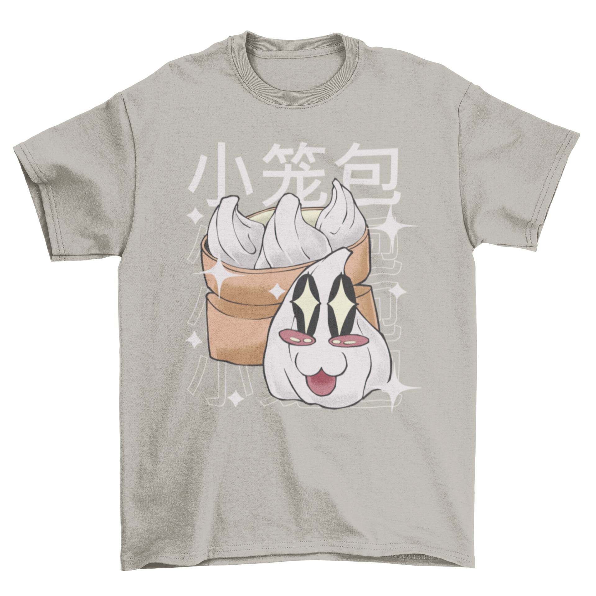 A cute Kawaii t-shirt featuring dumplings with happy faces and a Japanese quote meaning 'dumpling'.