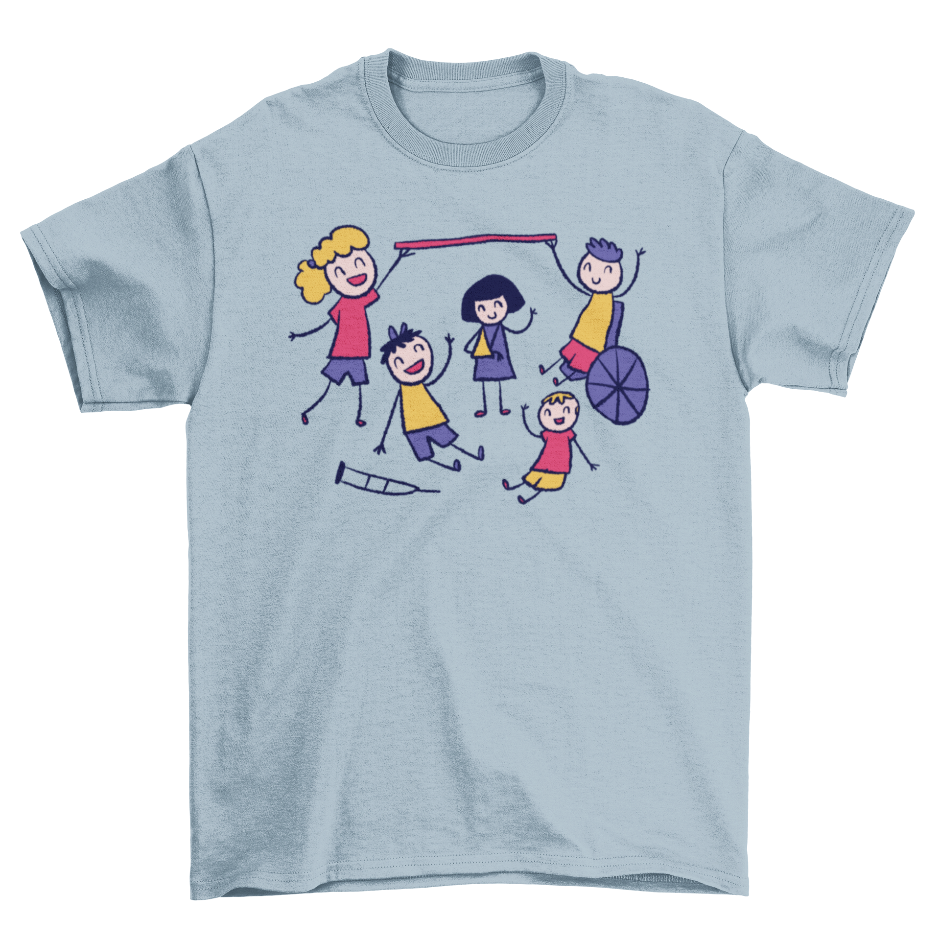 Happy Playing Together Doodle T-Shirt featuring children playing joyfully in a colorful doodle design.