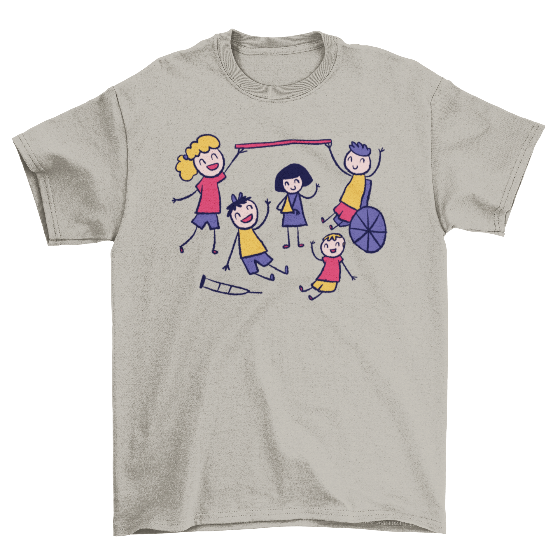 Happy Playing Together Doodle T-Shirt featuring children playing joyfully in a colorful doodle design.