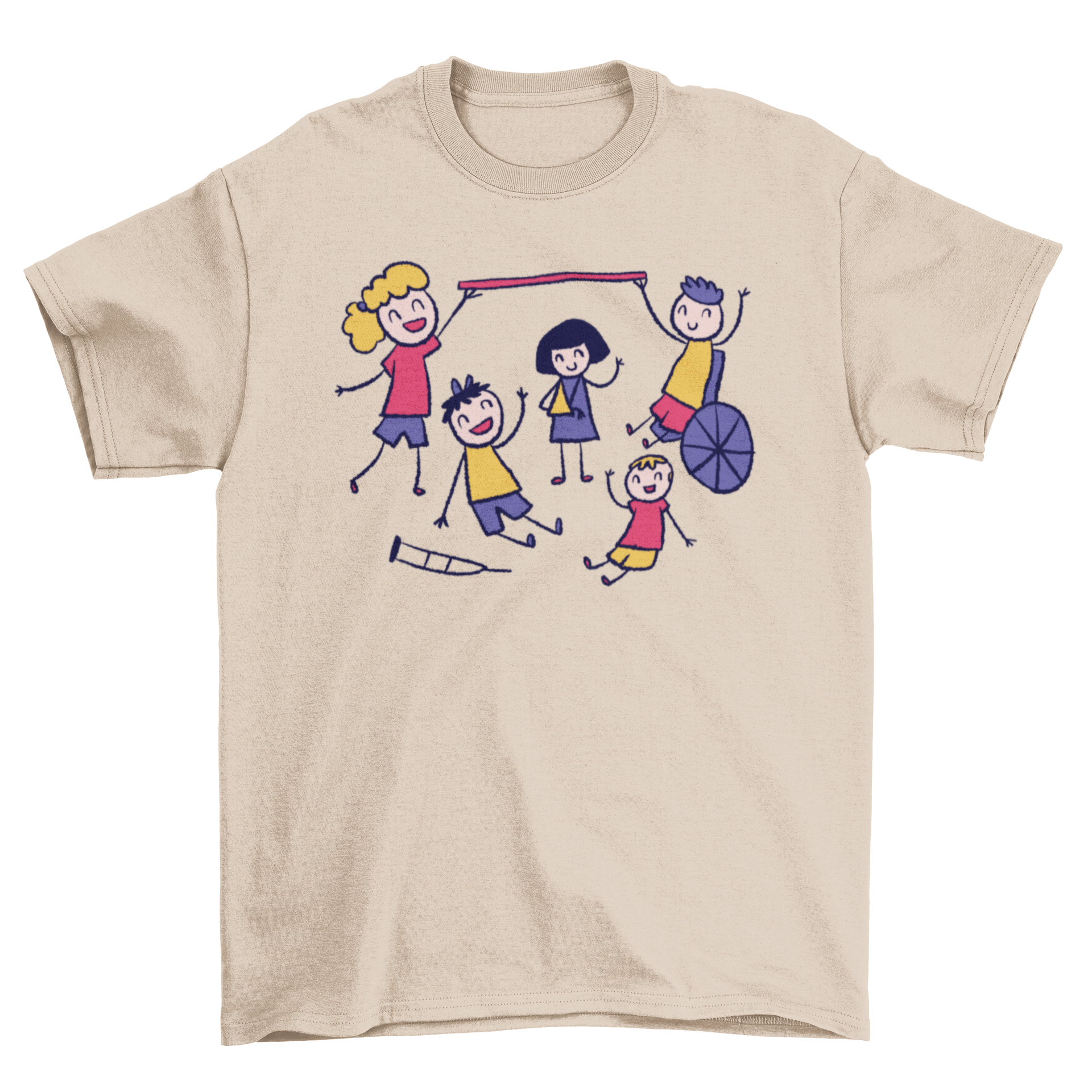 Happy Playing Together Doodle T-Shirt featuring children playing joyfully in a colorful doodle design.