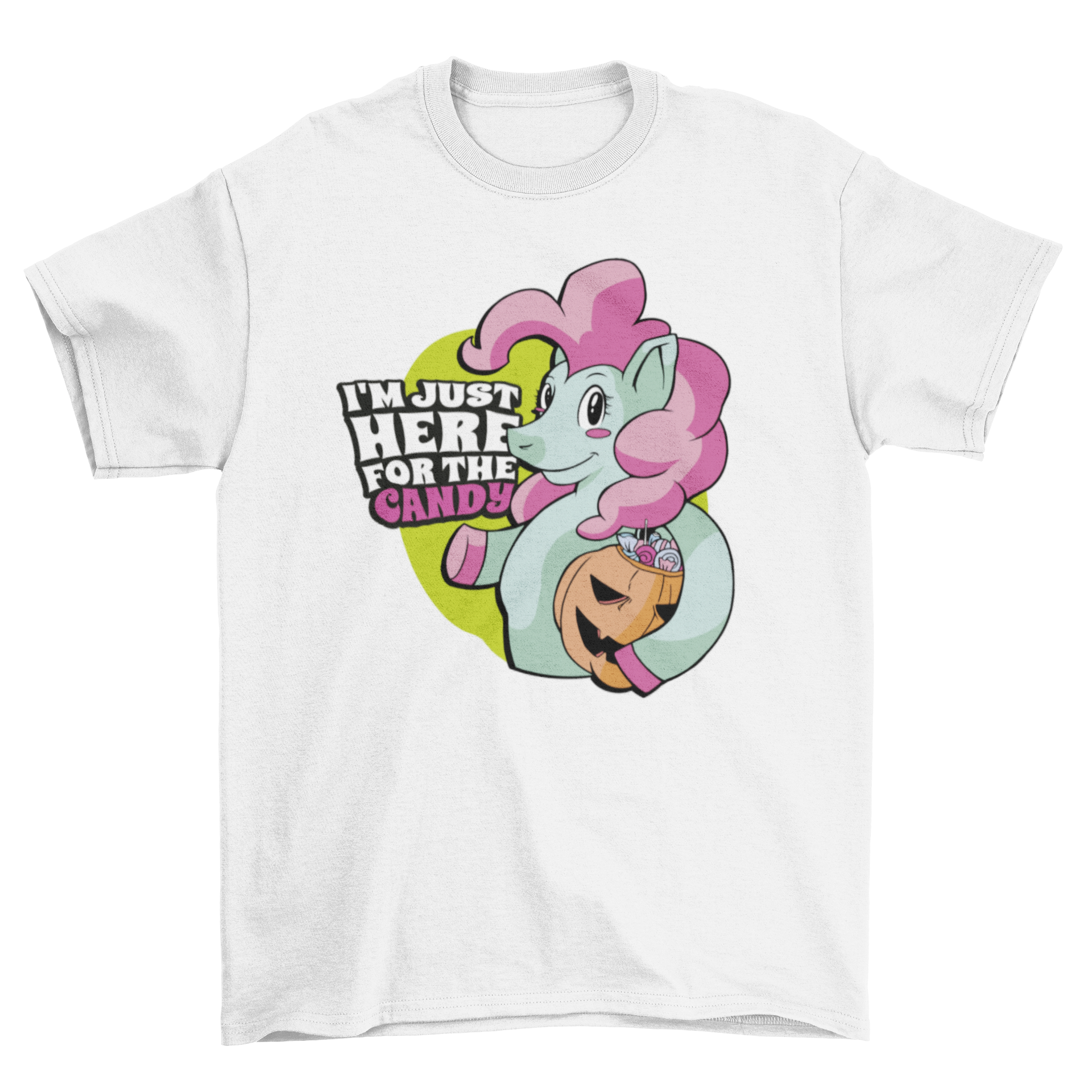 A colorful t-shirt featuring a happy unicorn holding a pumpkin filled with candies, perfect for fun-loving individuals.