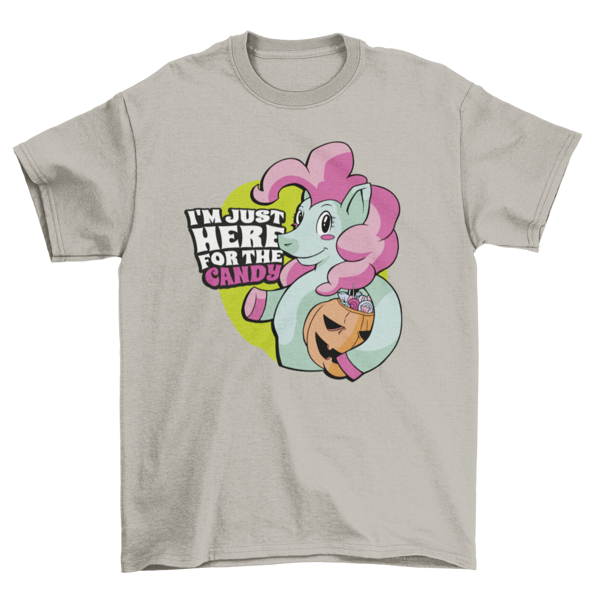 A colorful t-shirt featuring a happy unicorn holding a pumpkin filled with candies, perfect for fun-loving individuals.