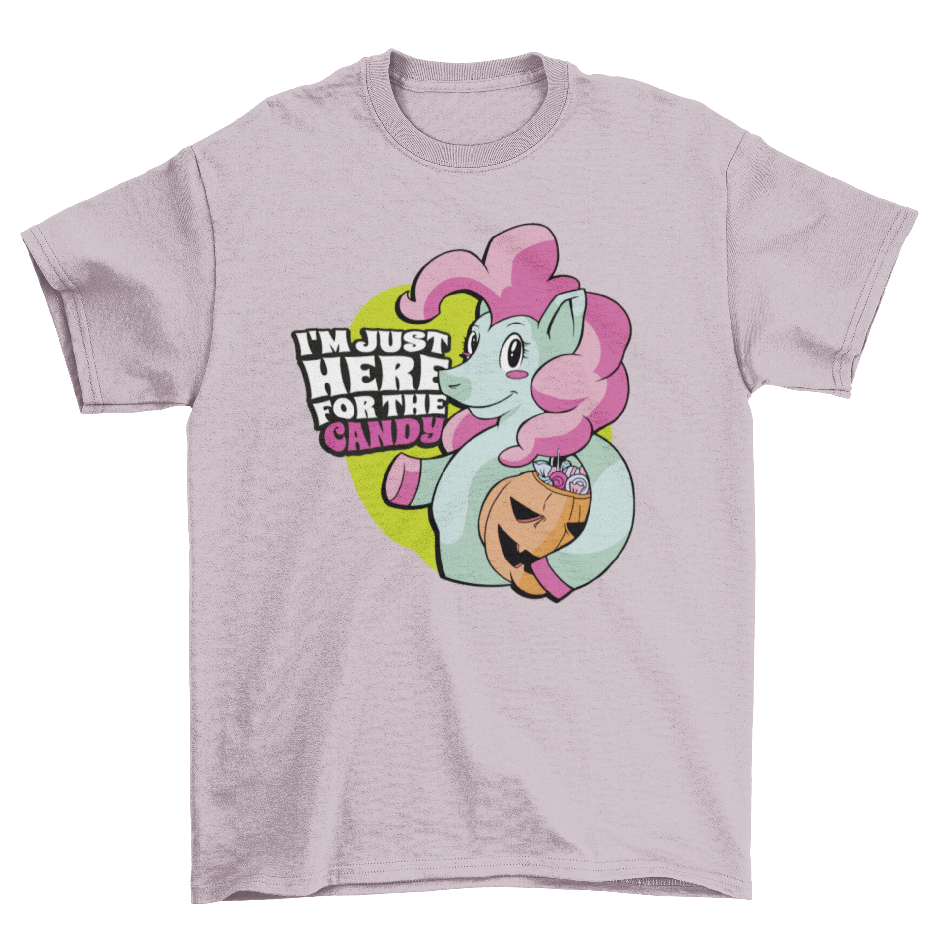 A colorful t-shirt featuring a happy unicorn holding a pumpkin filled with candies, perfect for fun-loving individuals.