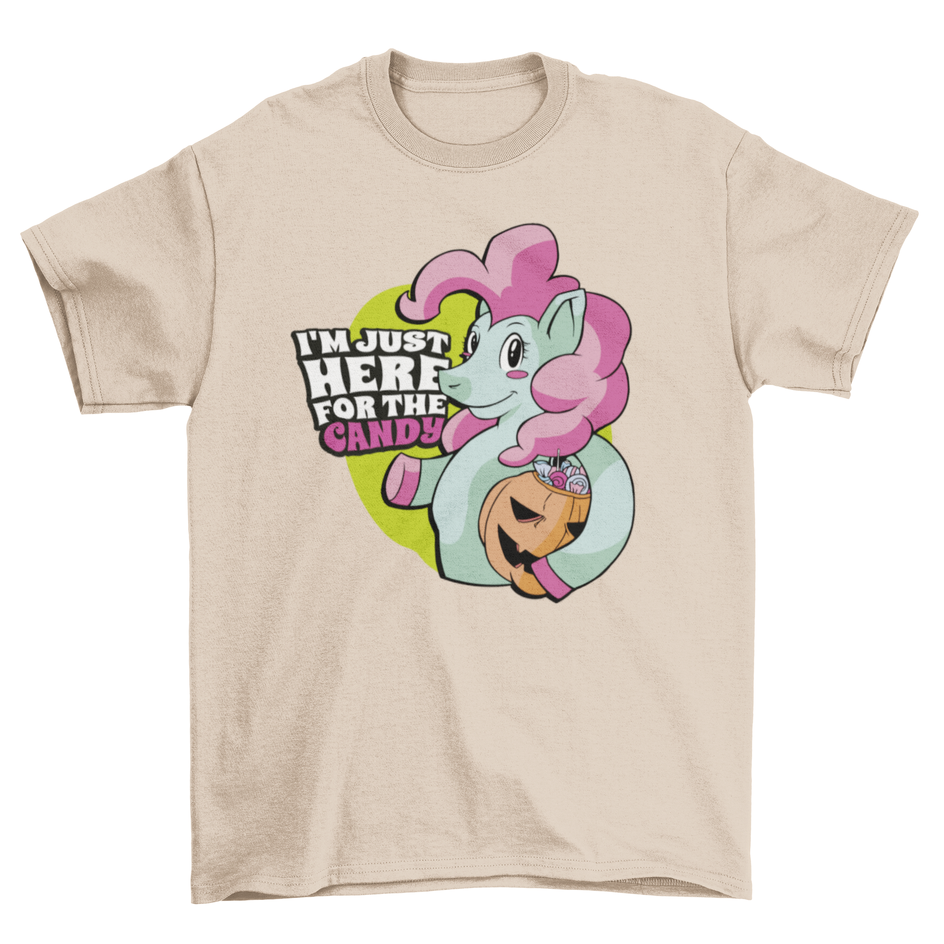 A colorful t-shirt featuring a happy unicorn holding a pumpkin filled with candies, perfect for fun-loving individuals.