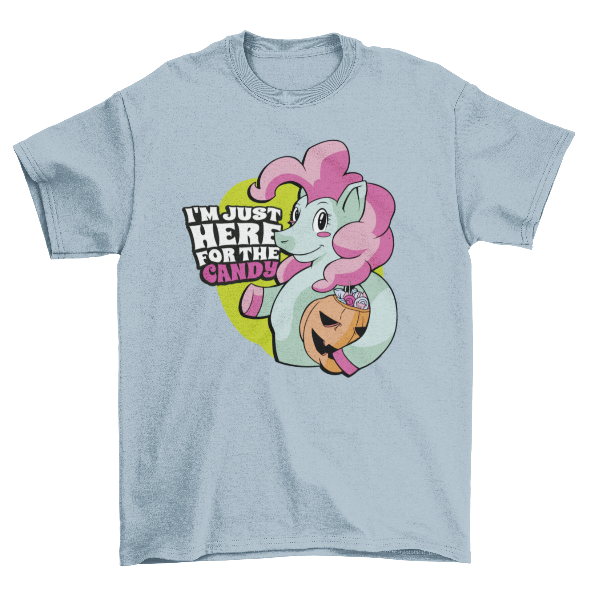 A colorful t-shirt featuring a happy unicorn holding a pumpkin filled with candies, perfect for fun-loving individuals.