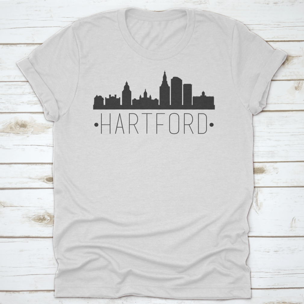 A stylish t-shirt featuring the Hartford Connecticut city skyline silhouette design, showcasing iconic buildings in a sleek vector style.